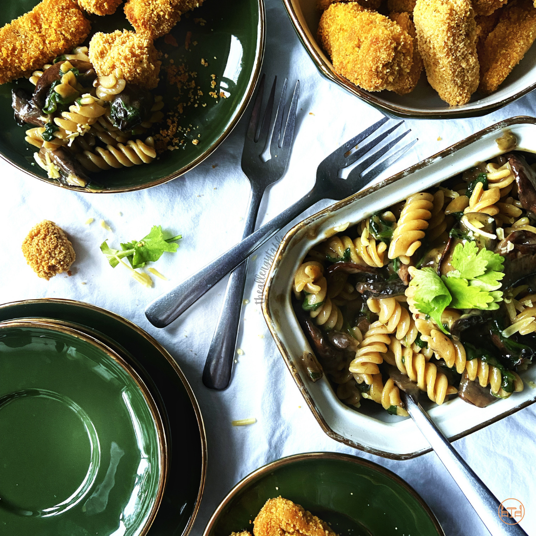 Three cheese truffle Mac &amp; cheese with tofu nuggets