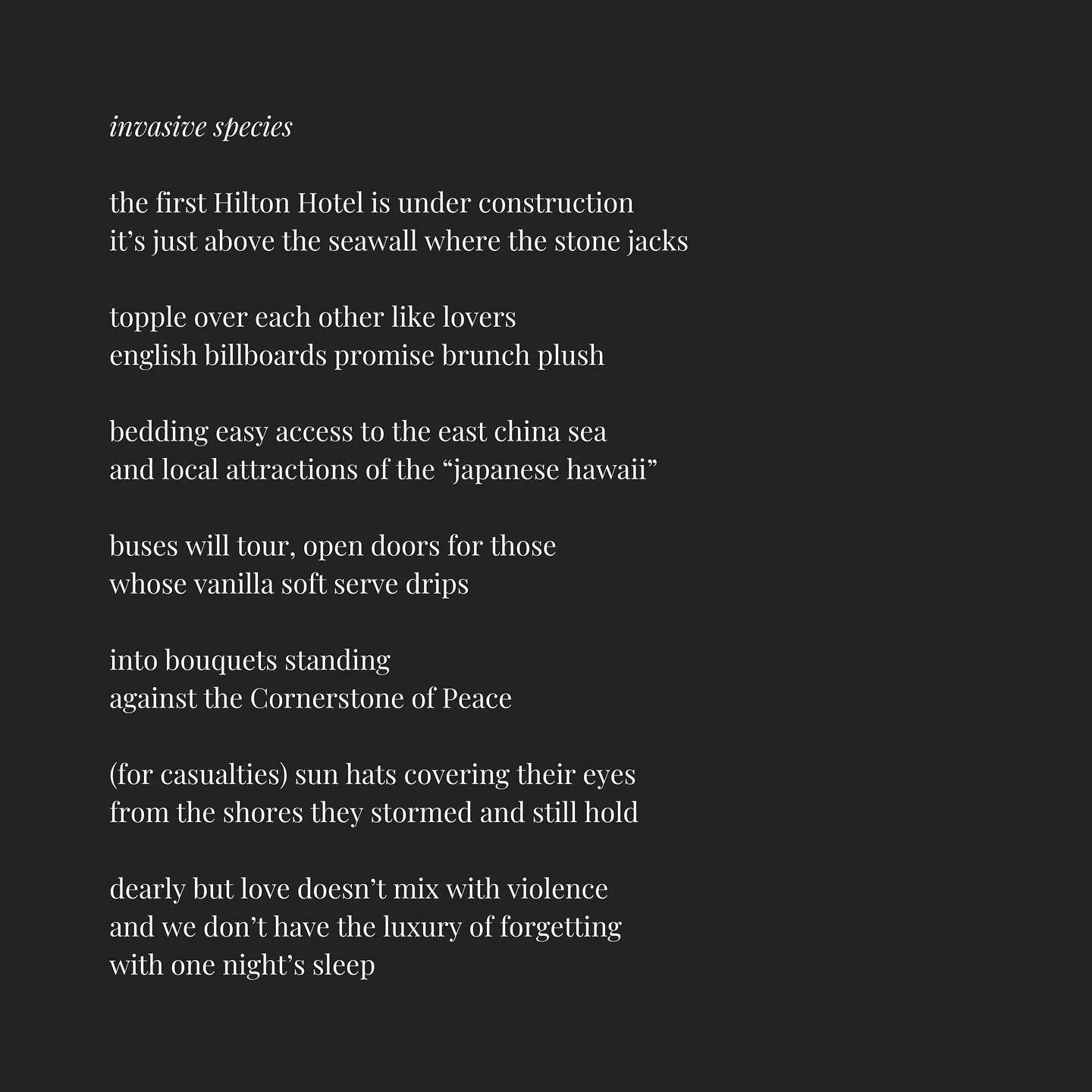 tw: war, colonization

my relationship with okinawa is complicated. i feel lucky to have lived in such a beautiful place for nine years. but my reason for being there&mdash;as a US military dependent in a japanese territory&mdash;also made things fee