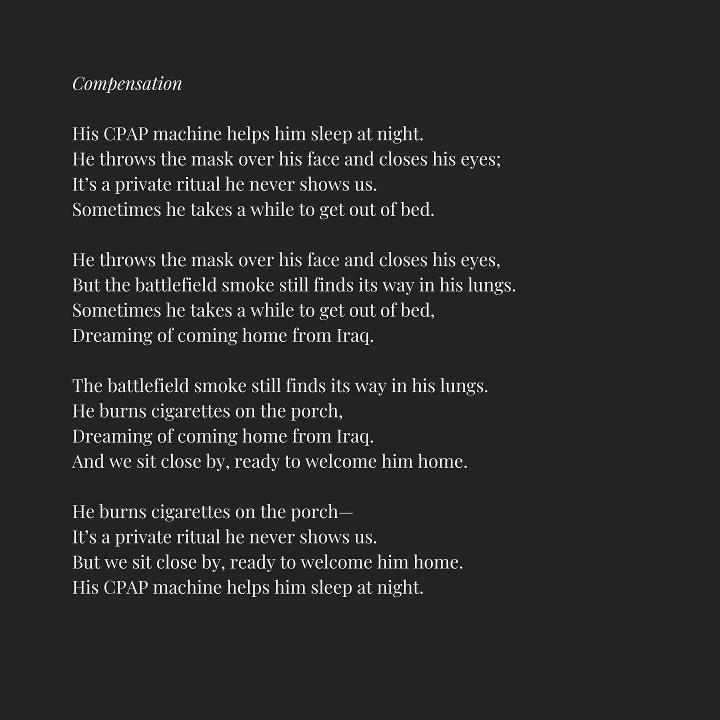 tw: ptsd, war, drug use

compensation is the first pantoum i ever wrote. it consists of four-line stanzas&mdash;lines 2 &amp; 4 of each stanza serve as lines 1 &amp; 3 of the next. repetition transforms meaning without extra clutter. 

probably one o