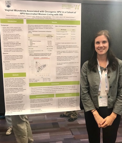 WHRI affiliate Liz McClymont presenting her poster on the vaginal microbiome in women living with HIV who have been vaccinated against HPV.