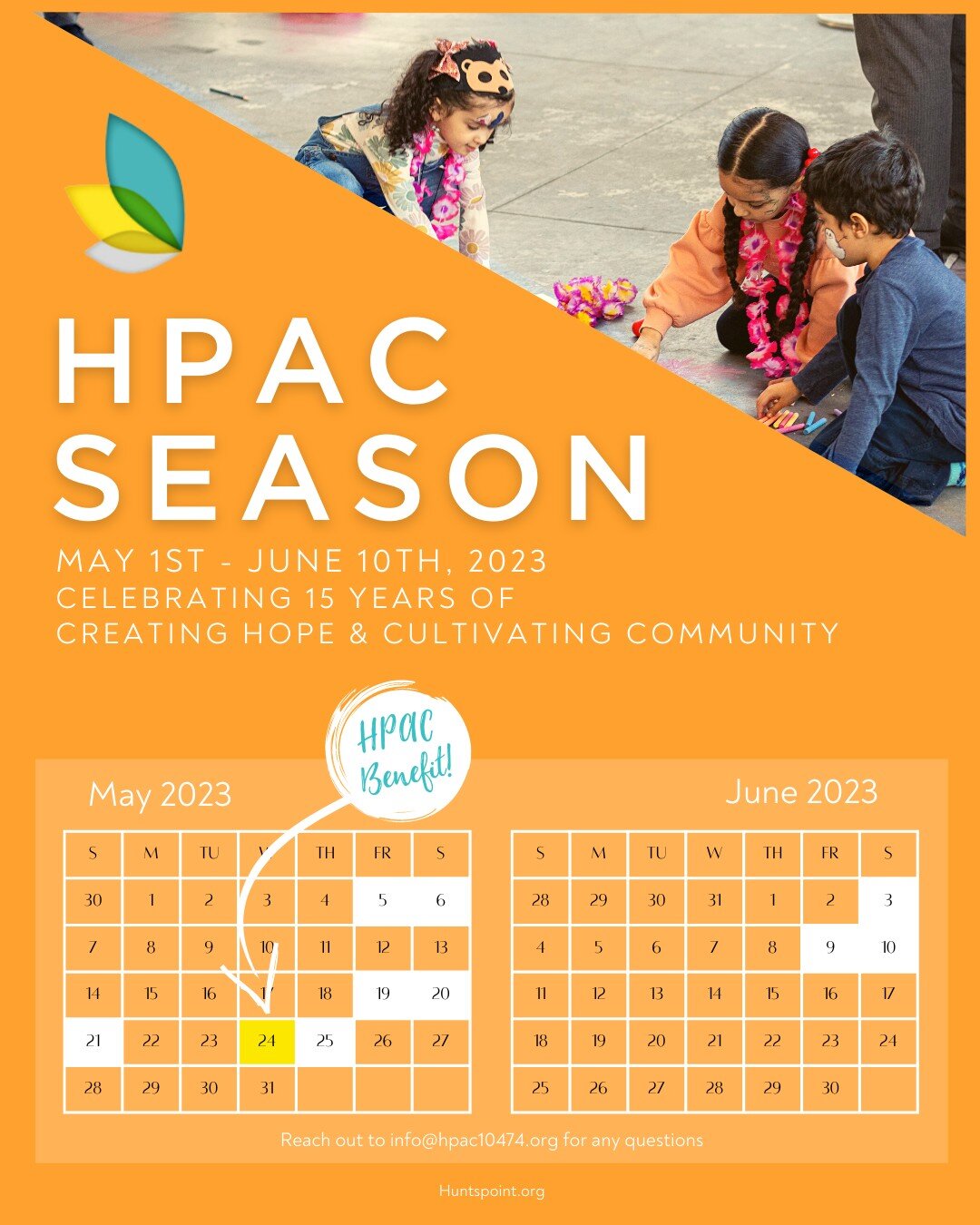 Happy HPAC Season!

Our second annual season with a full calendar of community events, family trips, and public performances to end our incredible 2022-2023 program year. 

Check out our LinkTree to read more about community-wide events between May 1