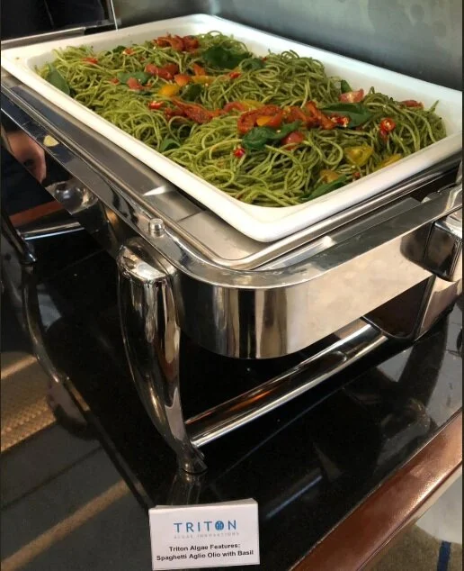  Vegan Spaghetti Algio Olio with Basil in a catering platter. 