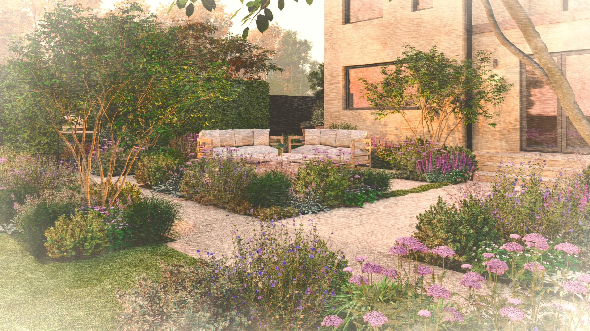 A garden design in Cheltenham with contemporary planting, a entertaining space with cushions, and multi stemmed trees in the background, illuminated by warm sunlight.