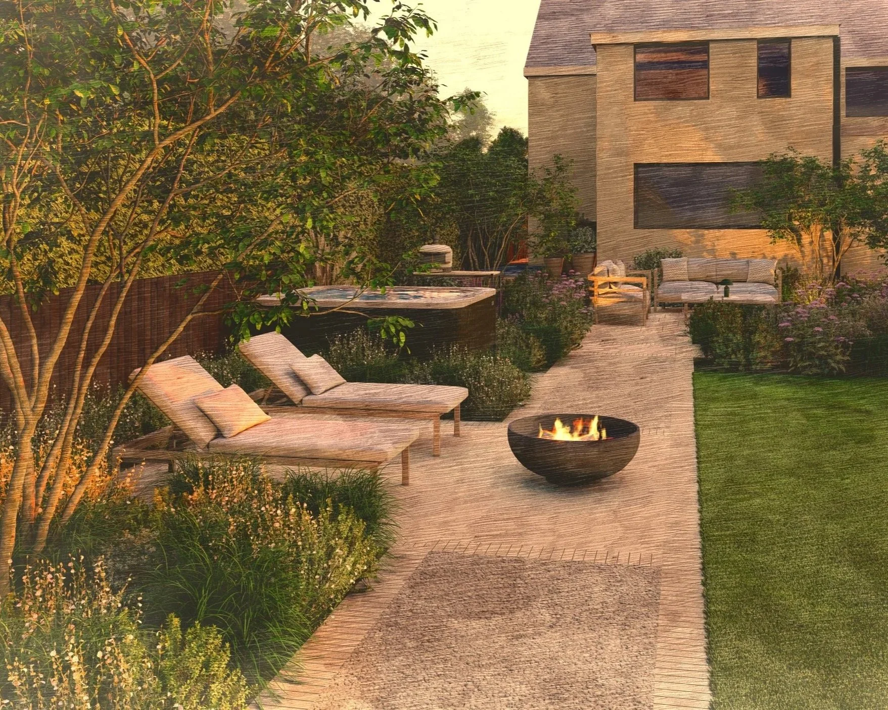 An outdoor patio in the evening with a fire pit, lounge chairs, a garden with bushes and trees, a wooden wall with windows, and a small seating area with a couch and a potted plant.