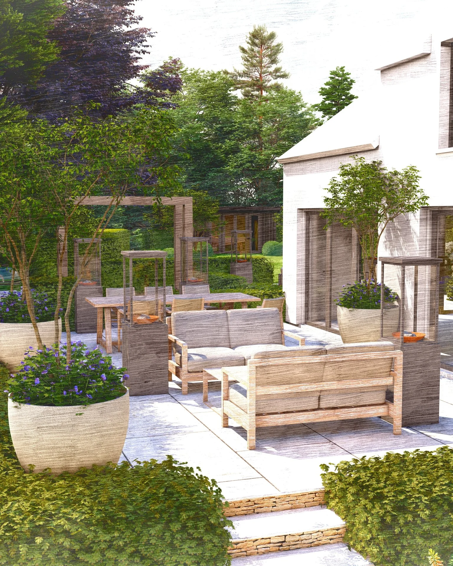 An outdoor patio area with wooden furniture, potted plants, trees, and a modern white building with large windows in the background.