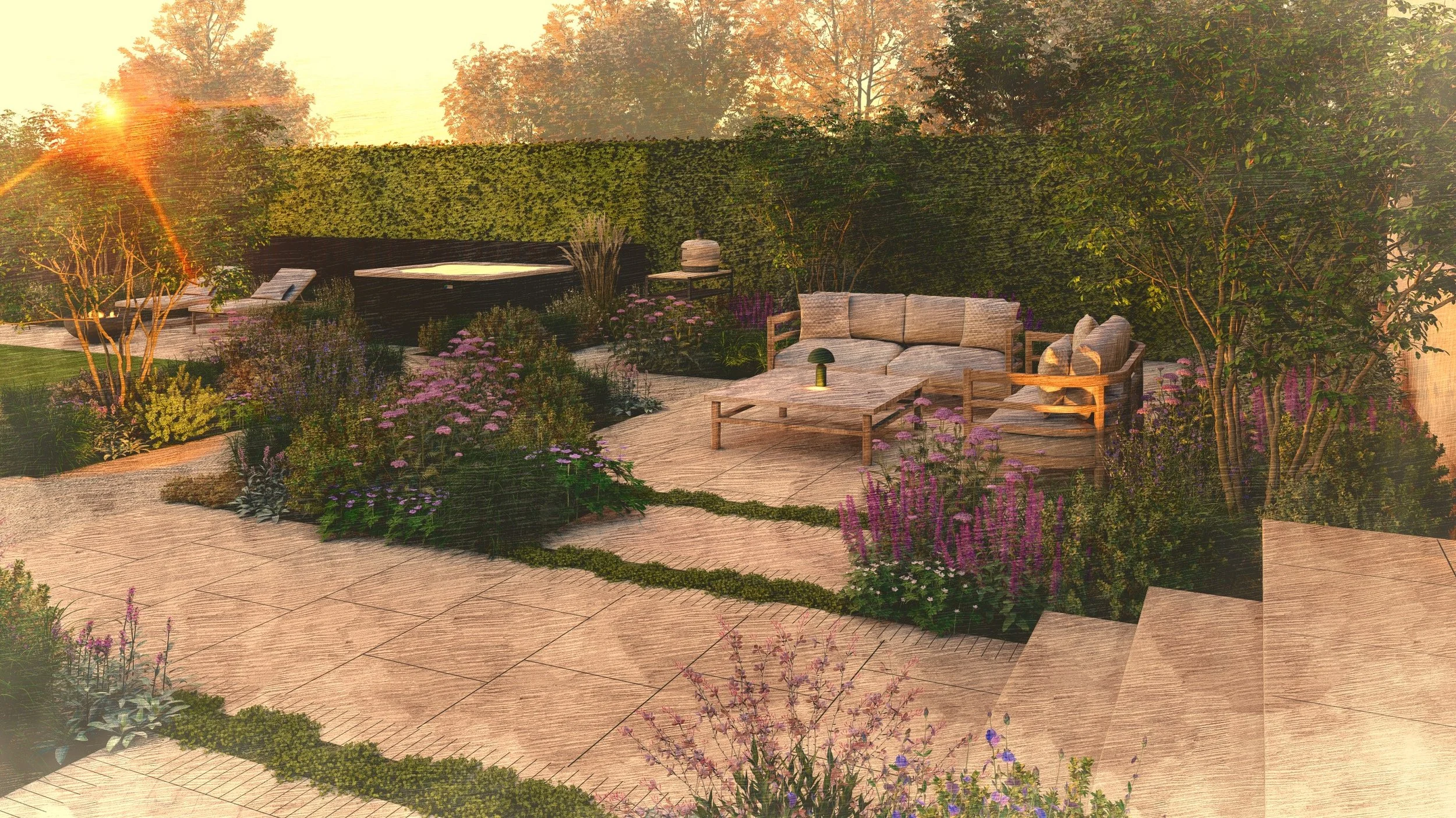 A modern outdoor family garden design in Cheltenham with a hot tub and relaxed dining area, trees and contemporary naturalistic planting design