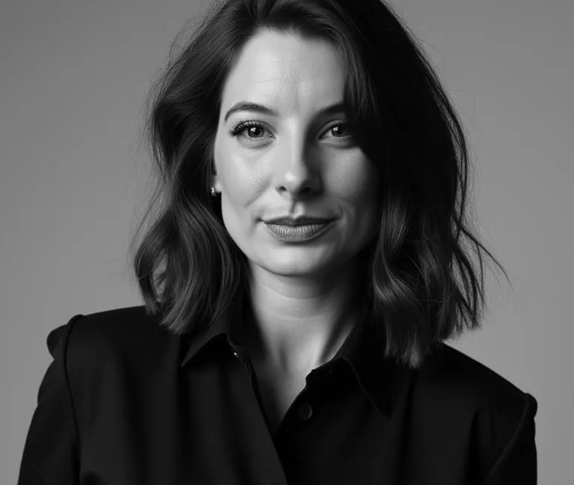 Black and white portrait of a woman with shoulder-length wavy hair, wearing a dark collared shirt, looking at the camera with a slight smile.