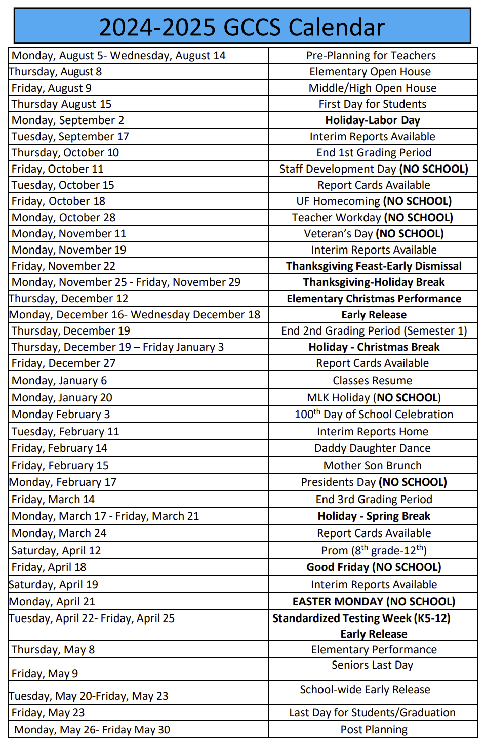 Academic Calendar Gainesville Christian Community School Academic Calendar Gainesville Christian Community School