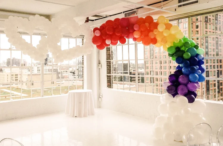 Rainbow balloon arch with hearts, NYC event decor