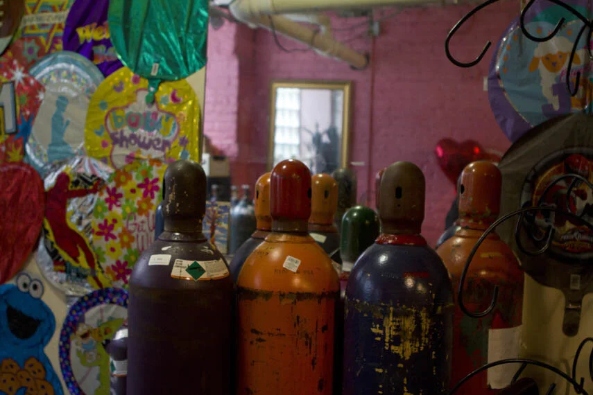 Helium gas cylinders at the Balloons To Go workshop in Chelsea, NYC