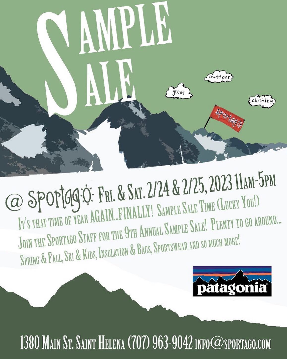 Sample Sale Time!  See you on Friday 2/24 and Saturday 2/25 for some great deals on all things Patagonia! 
Patagonia Samples are usually Men&rsquo;s Mediums and Women&rsquo;s Smalls, but we will have many more extended sizes for all including kids, l