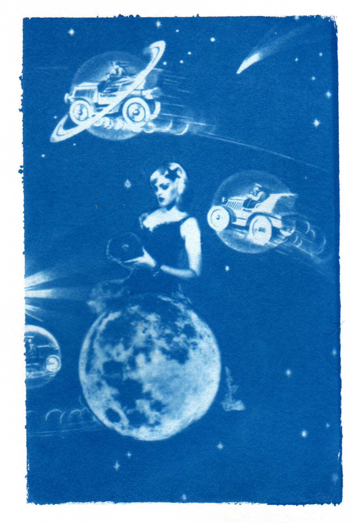  Amanda and her jukebox on the moon.  We Travel the Spaceways, cyanotype 2011. 