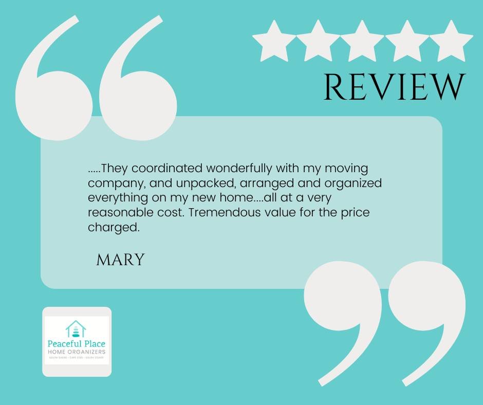 We were so thrilled to get a great review from one of our downsizing transition clients. 
Mary moved from Plymouth to Thirwood, an independent living community in Yarmouth.  With our transition coordinator Julie L at the helm, all went smoothly.  We 