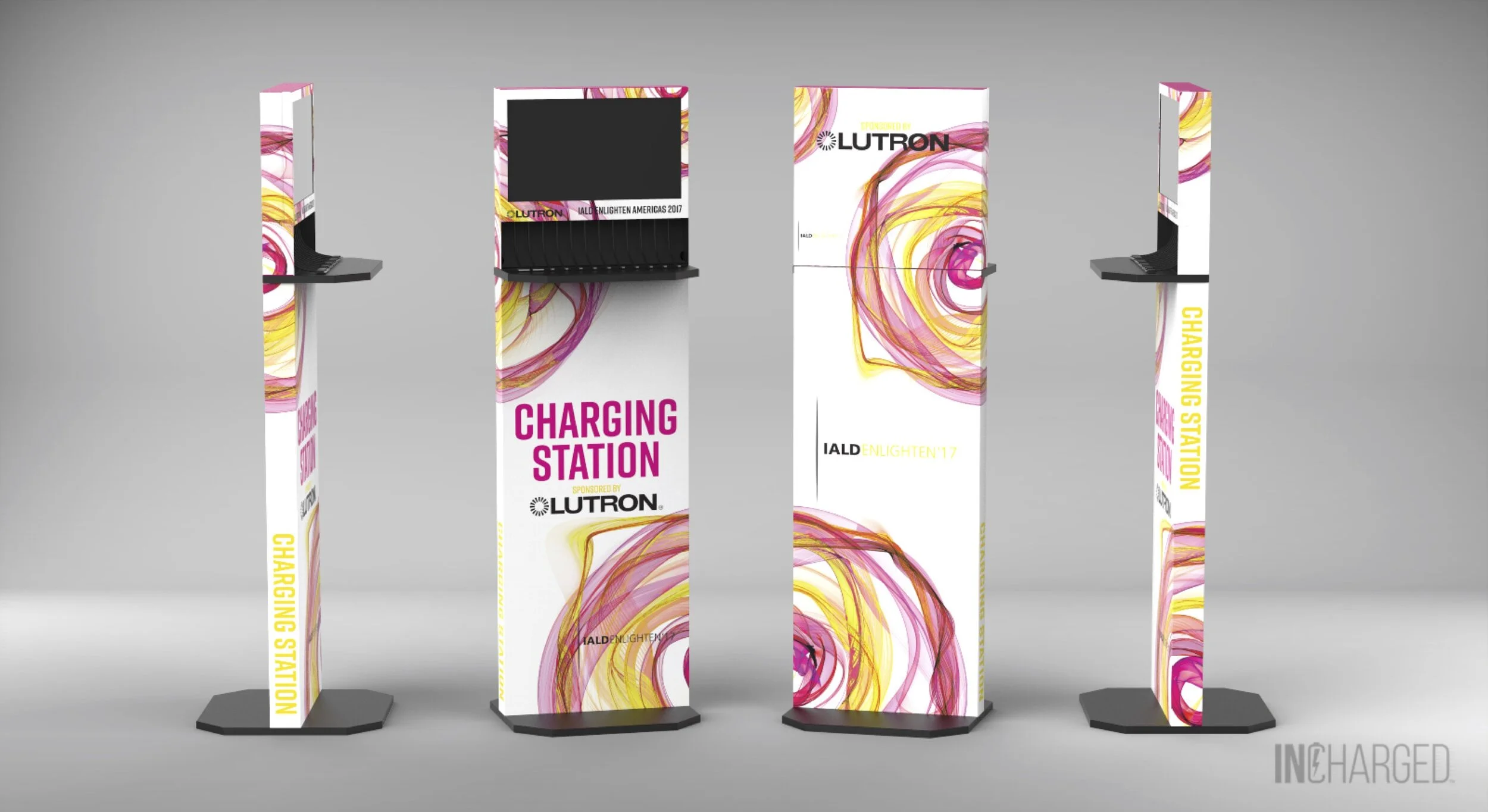 Experiential design: Branded charging stations with wraps designed for the IALD Enlighten Americas 2017 conference.