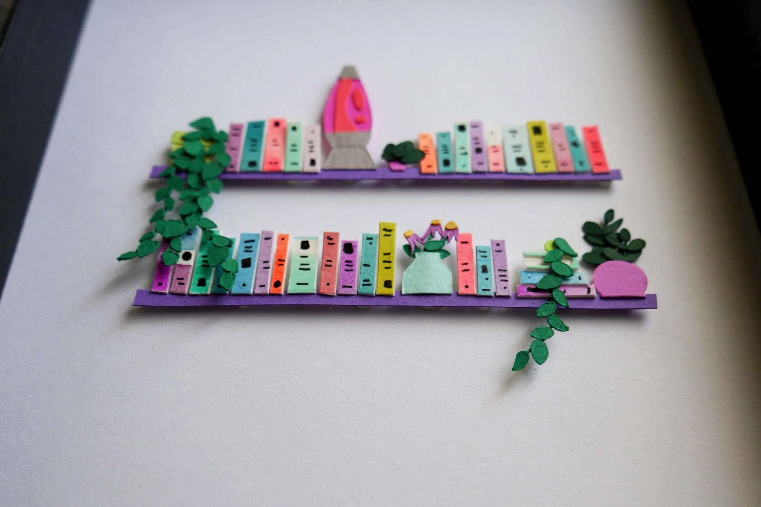 Unique Book Lover Gift Handamade Paper Art Book Shelf with Lava Lamp and Plants