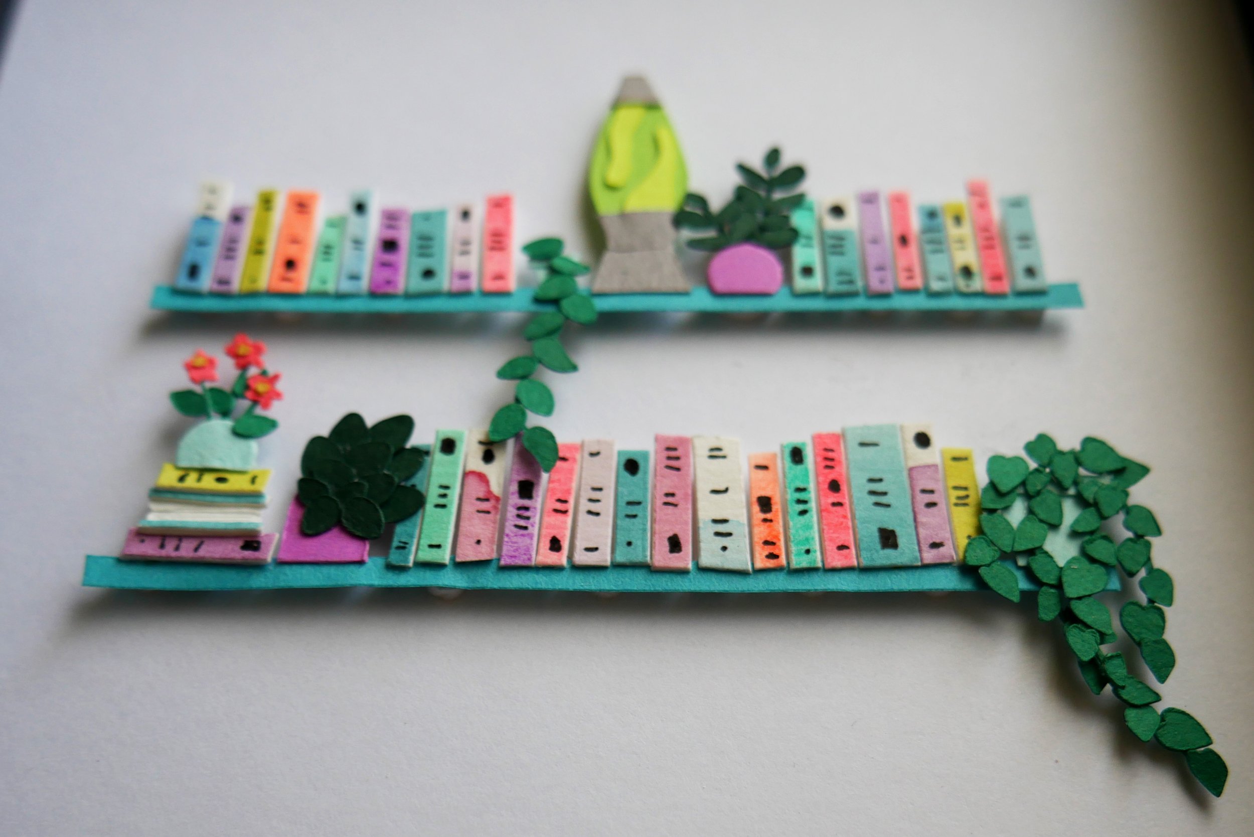 Unique Book Lover Gift Handamade Paper Art Book Shelf with Lava Lamp and Plants