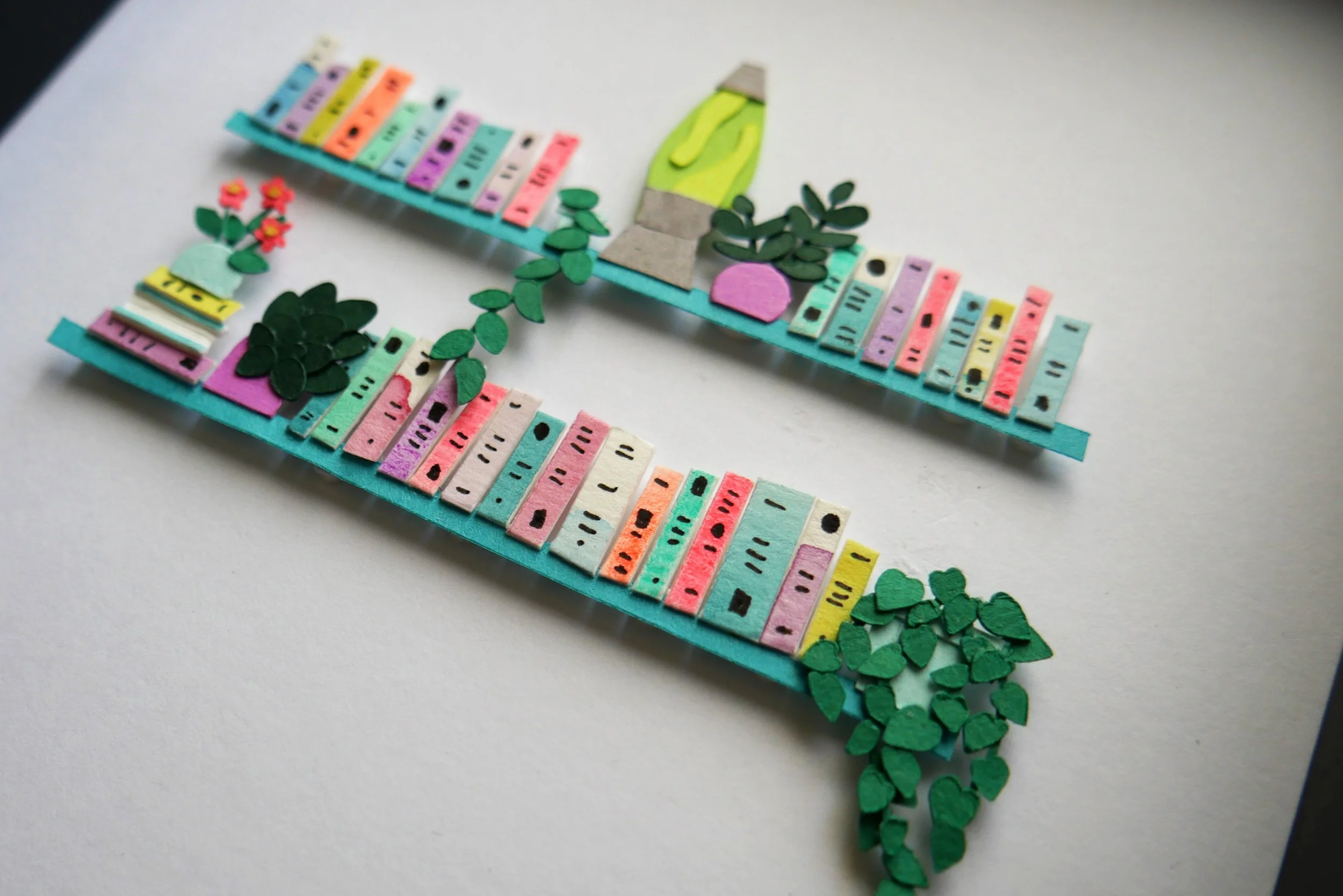 Unique Book Lover Gift Handamade Paper Art Book Shelf with Lava Lamp and Plants