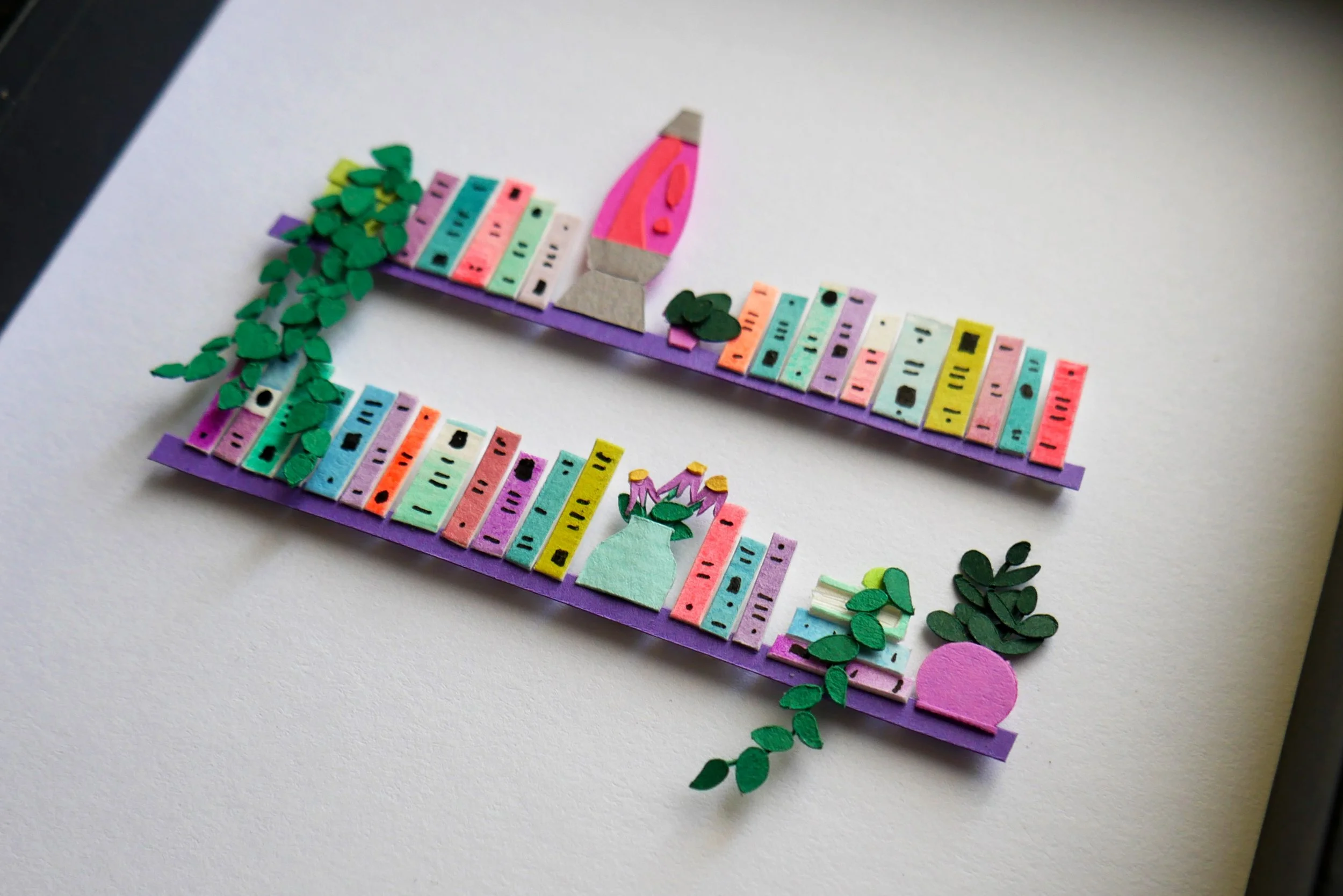 Unique Book Lover Gift Handamade Paper Art Book Shelf with Lava Lamp and Plants