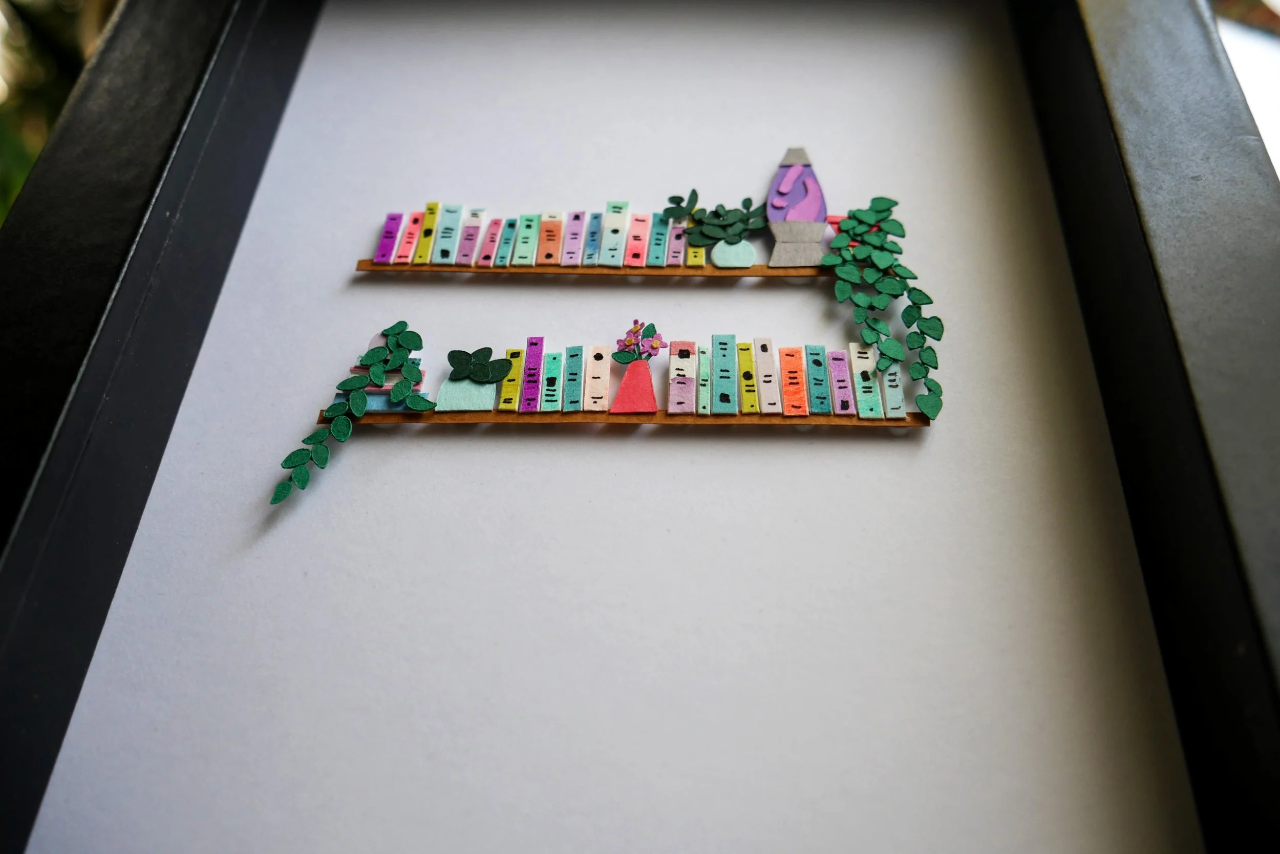 Unique Book Lover Gift Handamade Paper Art Book Shelf with Lava Lamp and Plants
