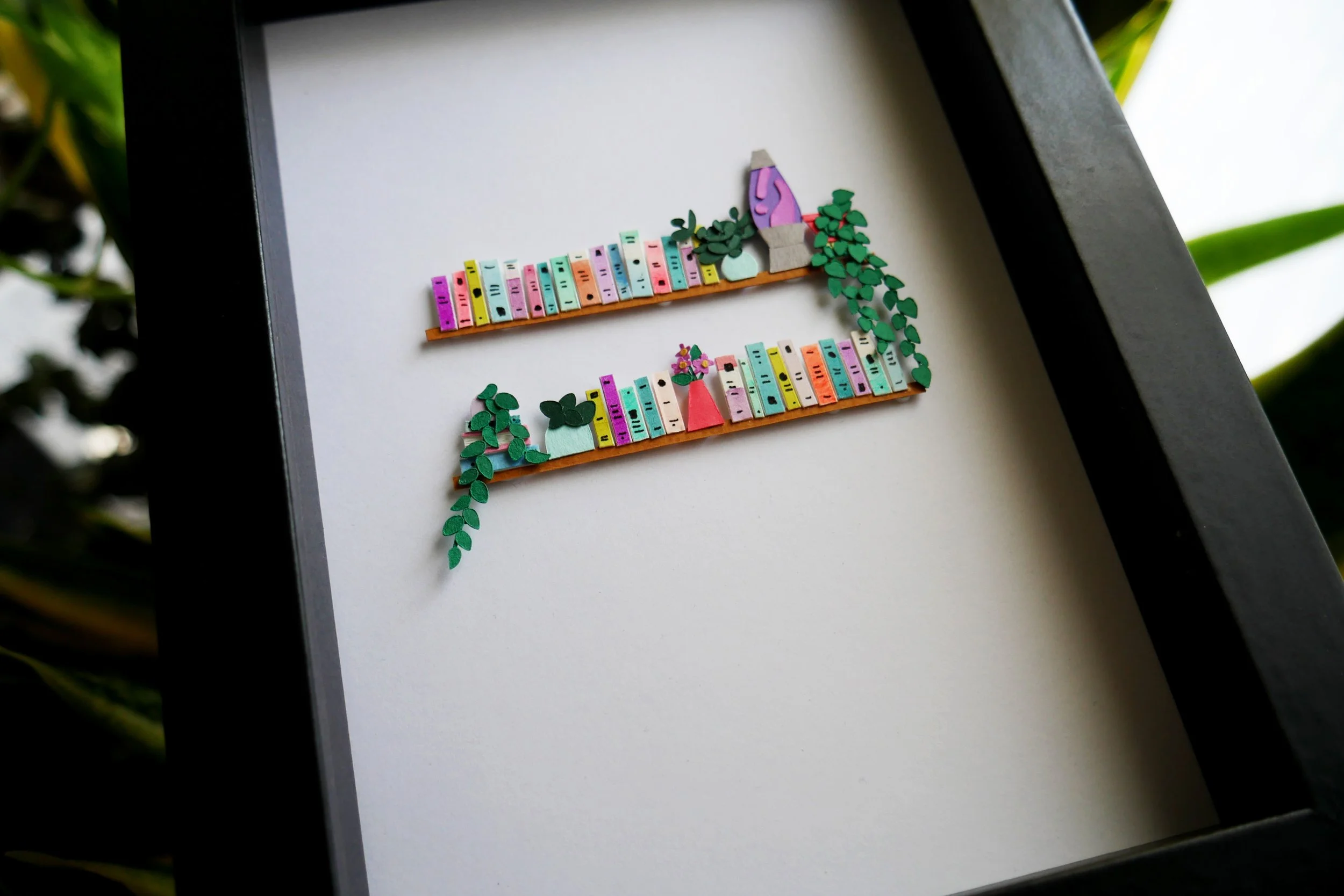 Unique Book Lover Gift Handamade Paper Art Book Shelf with Lava Lamp and Plants