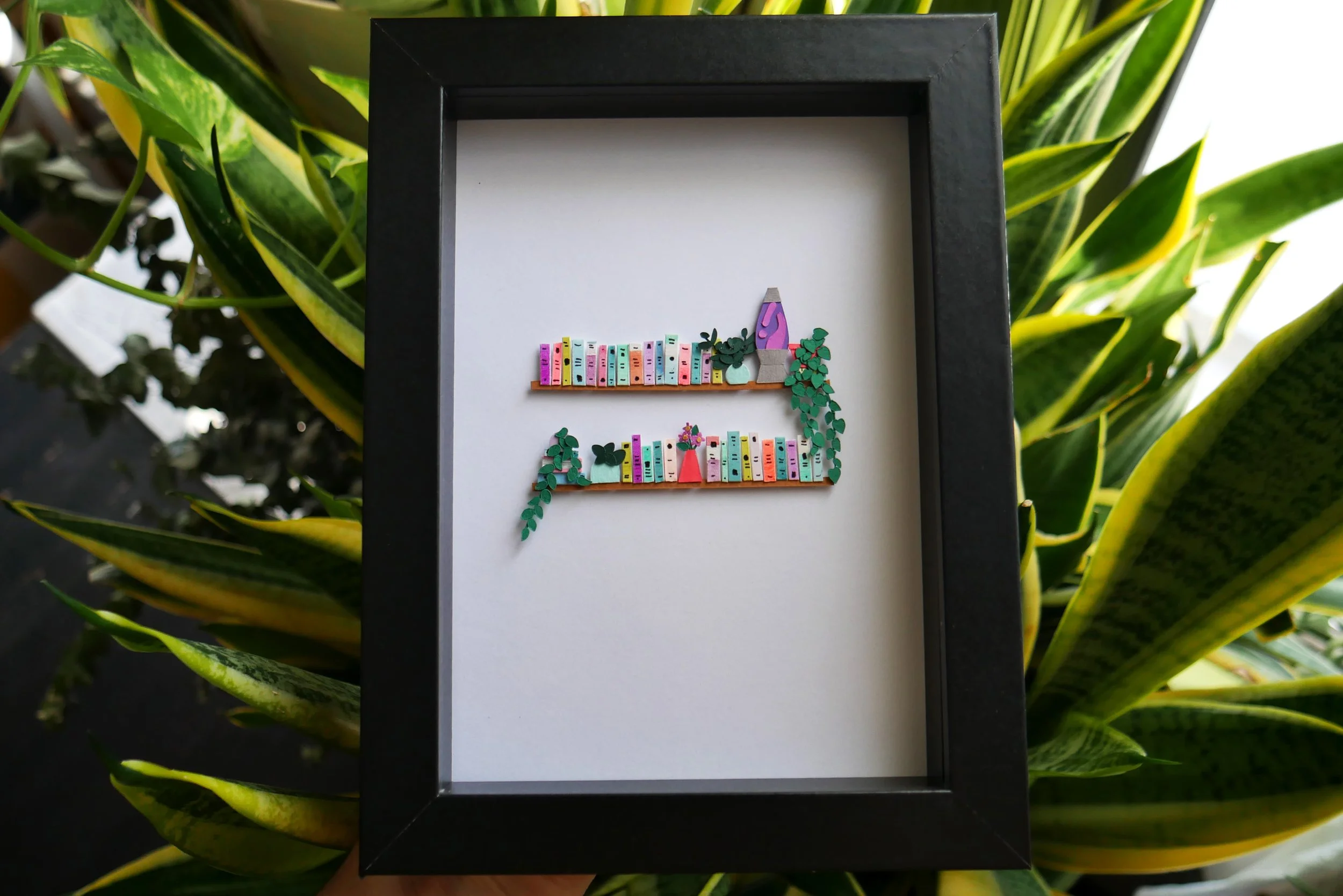 Unique Book Lover Gift Handamade Paper Art Book Shelf with Lava Lamp and Plants