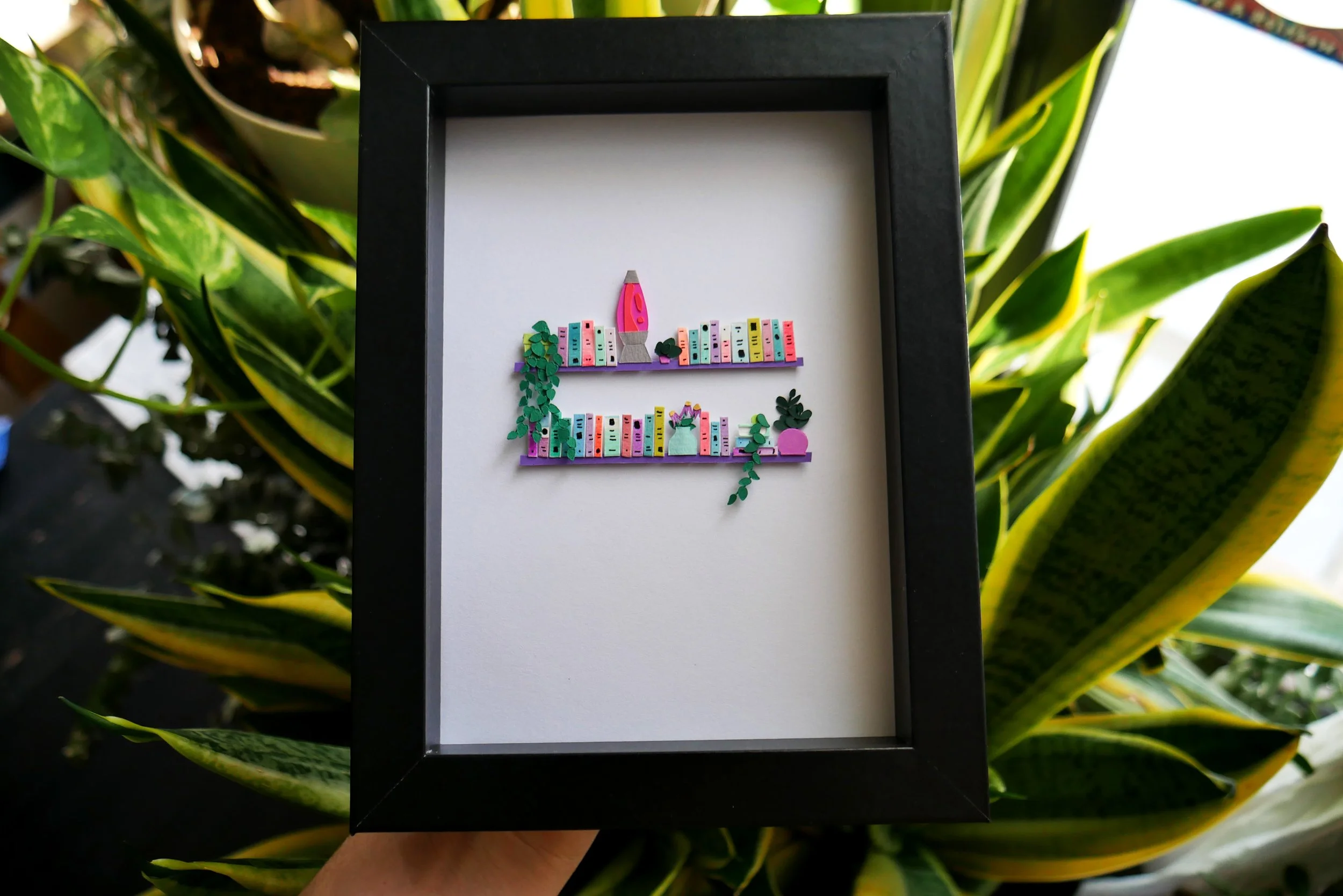 Unique Book Lover Gift Handamade Paper Art Book Shelf with Lava Lamp and Plants