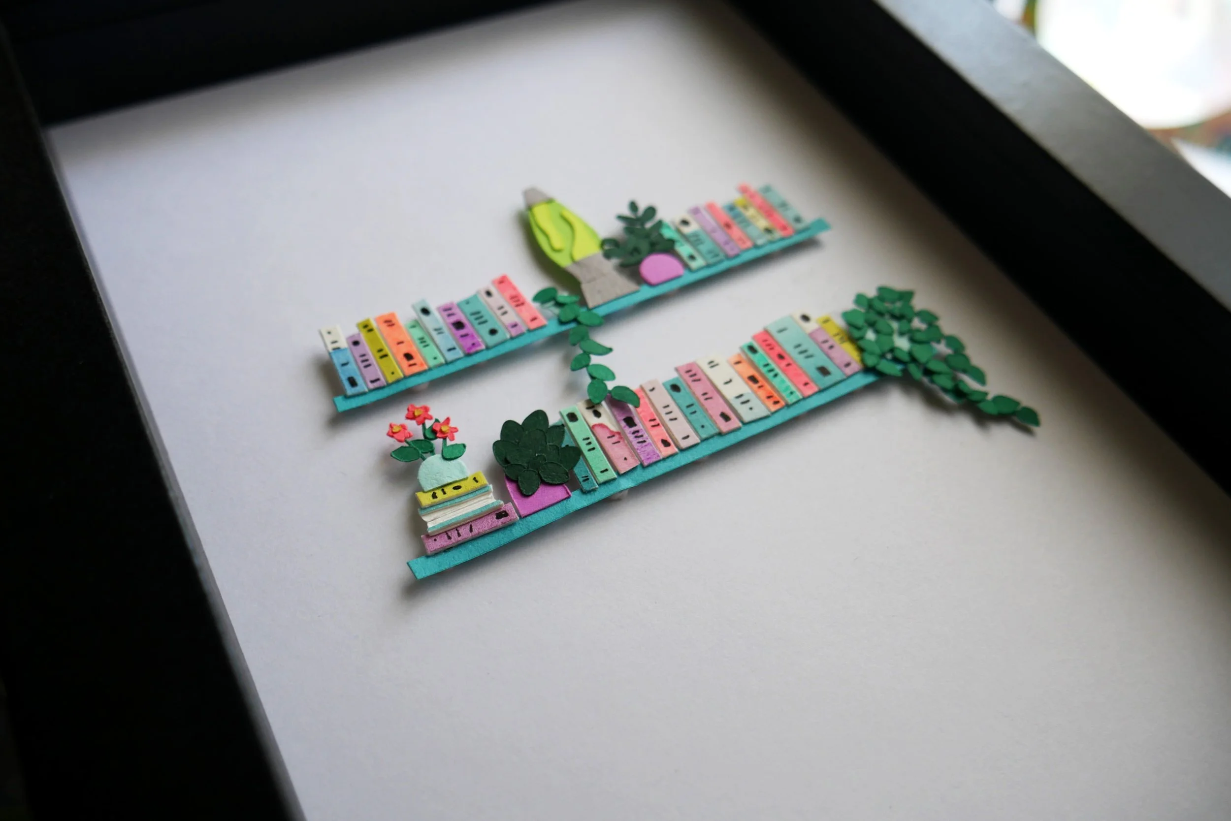 Unique Book Lover Gift Handamade Paper Art Book Shelf with Lava Lamp and Plants