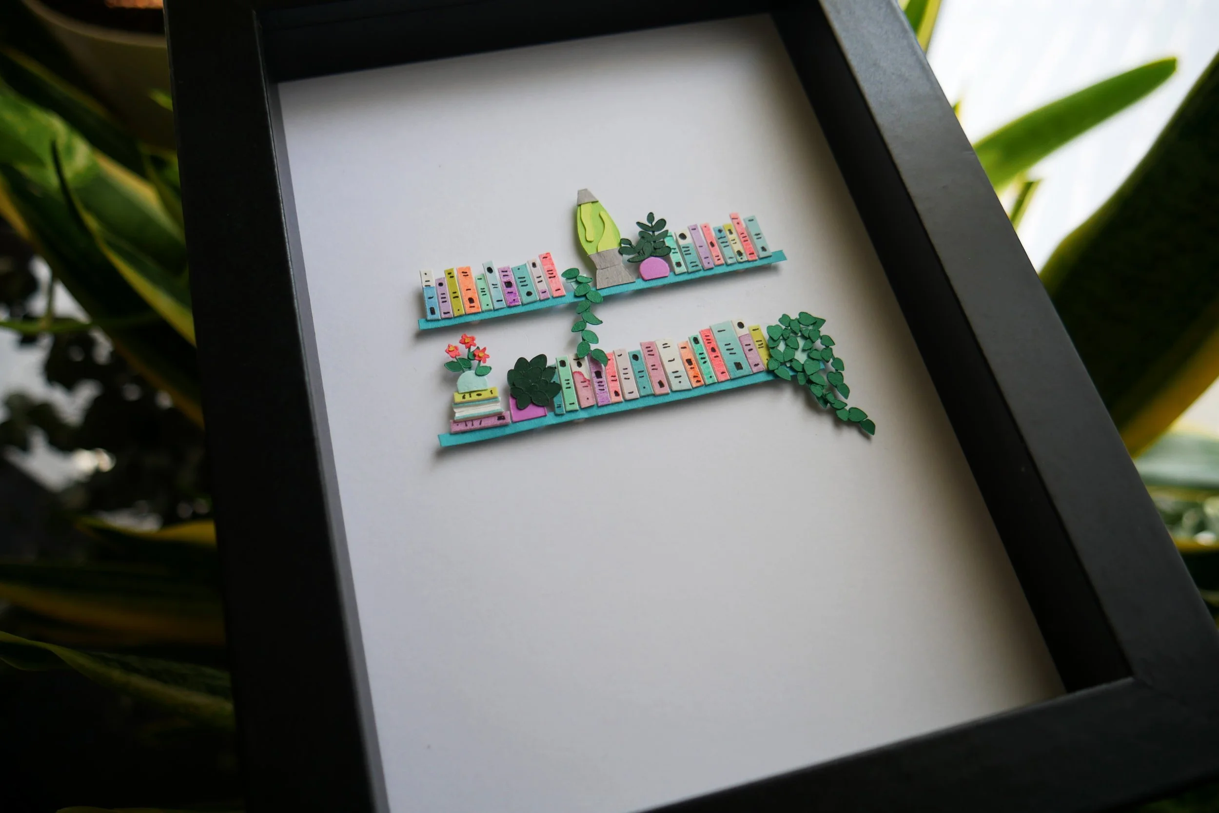 Unique Book Lover Gift Handamade Paper Art Book Shelf with Lava Lamp and Plants