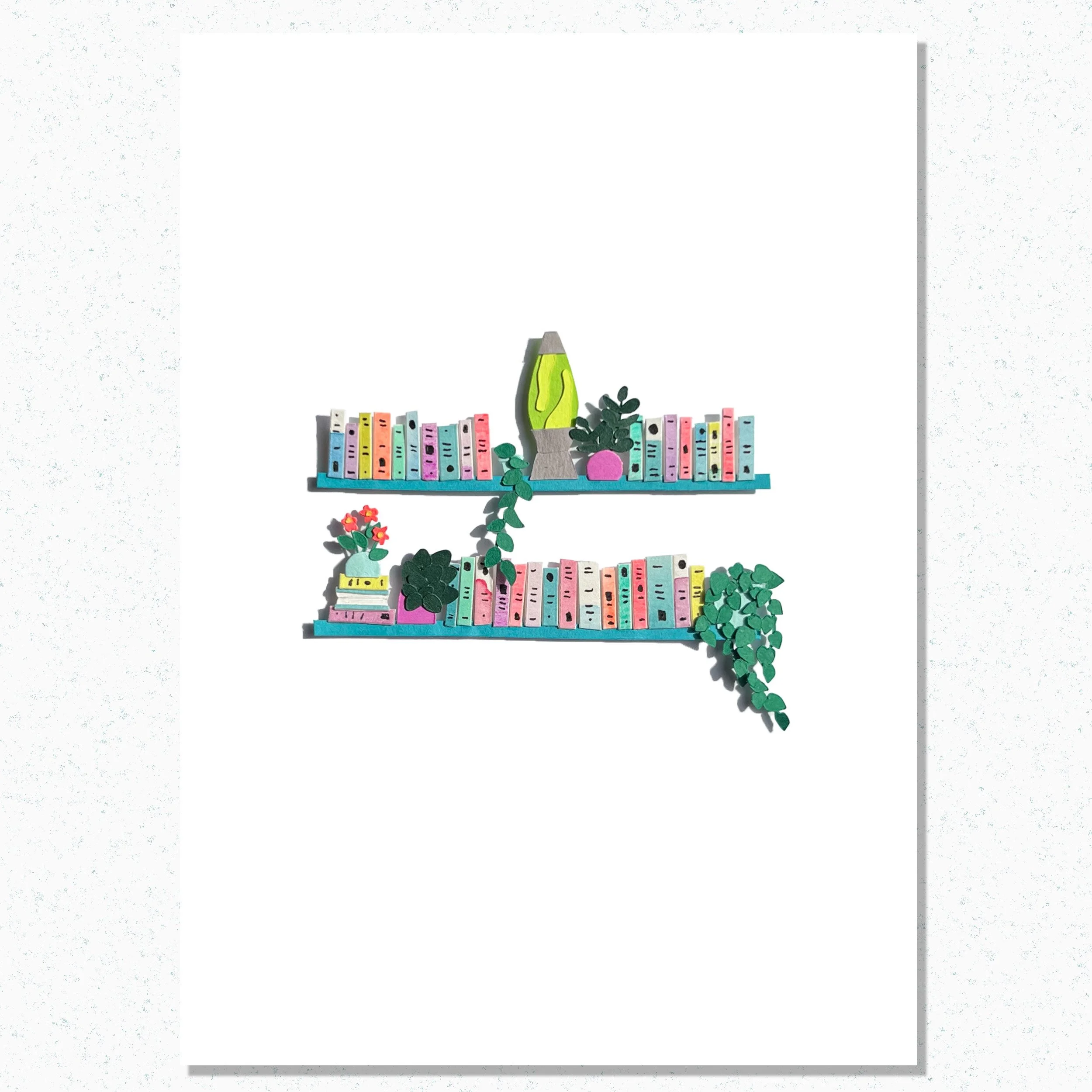 Unique Book Lover Gift Handamade Paper Art Book Shelf with Lava Lamp and Plants