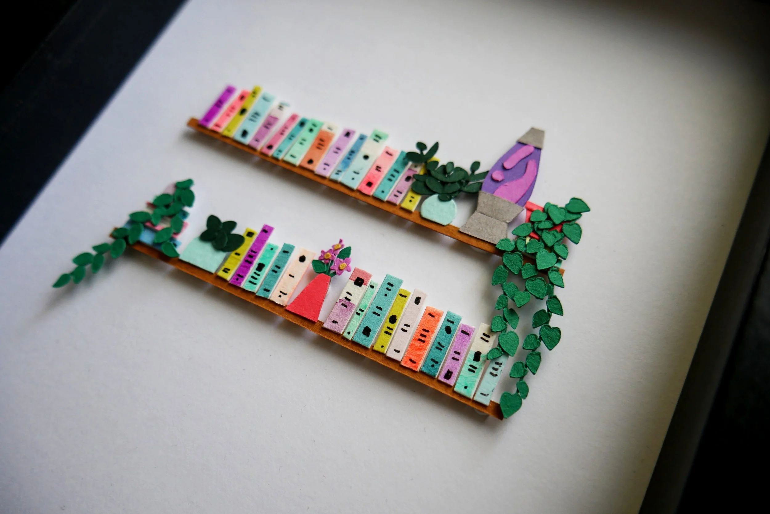 Unique Book Lover Gift Handamade Paper Art Book Shelf with Lava Lamp and Plants