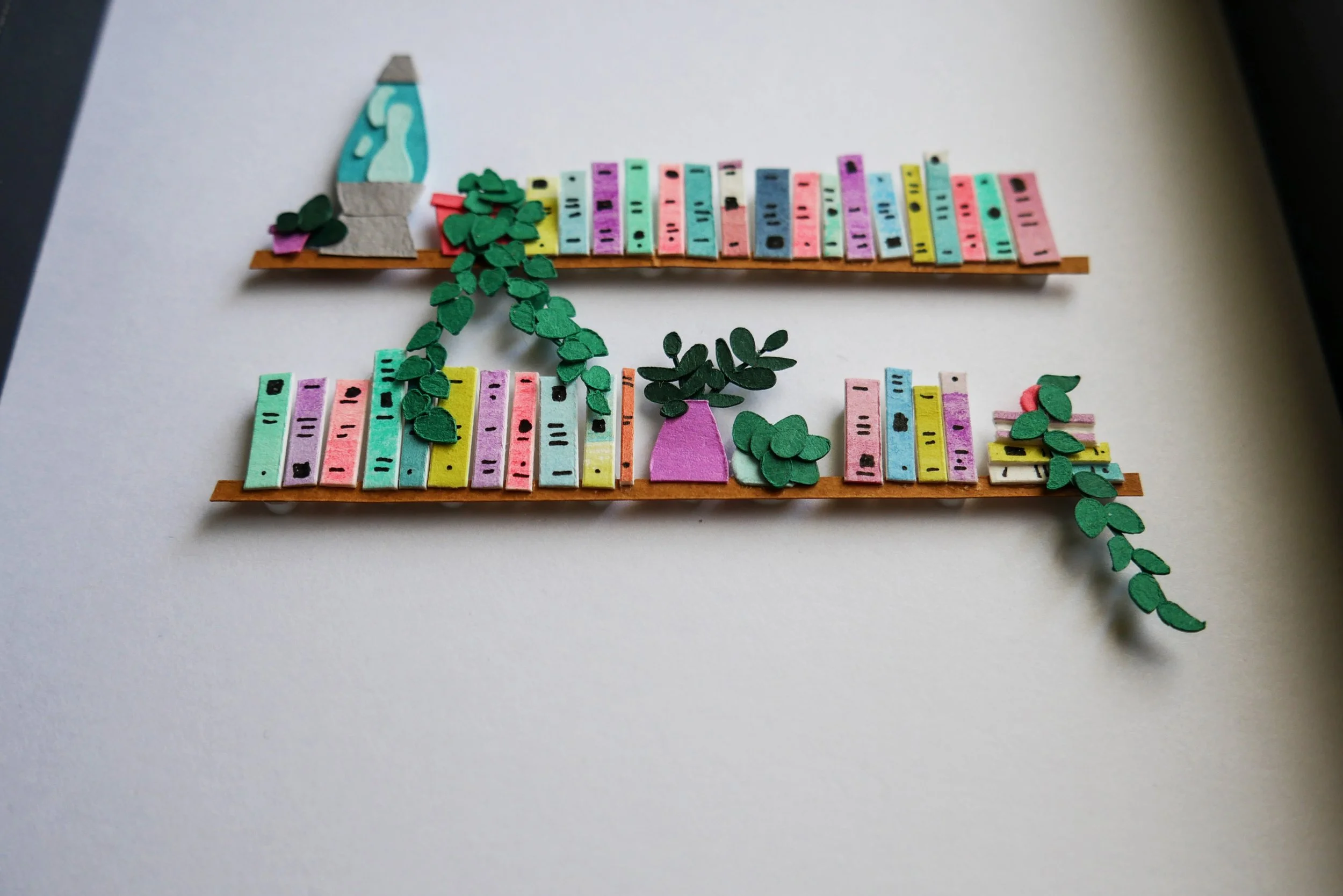 Unique Book Lover Gift Handamade Paper Art Book Shelf with Lava Lamp and Plants