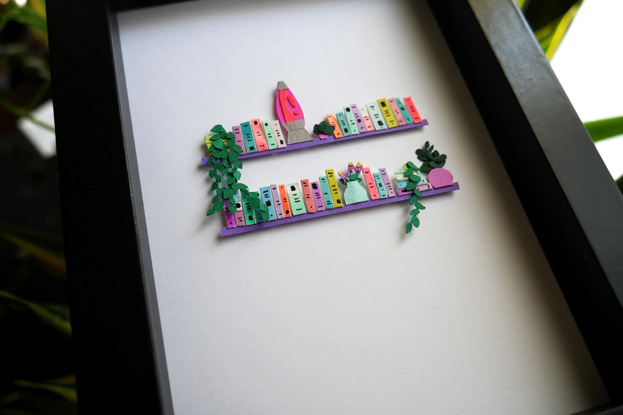 Unique Book Lover Gift Handamade Paper Art Book Shelf with Lava Lamp and Plants
