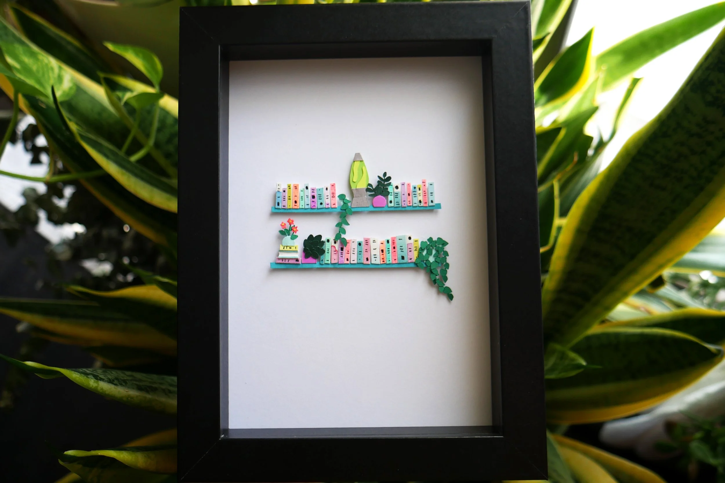 Unique Book Lover Gift Handamade Paper Art Book Shelf with Lava Lamp and Plants