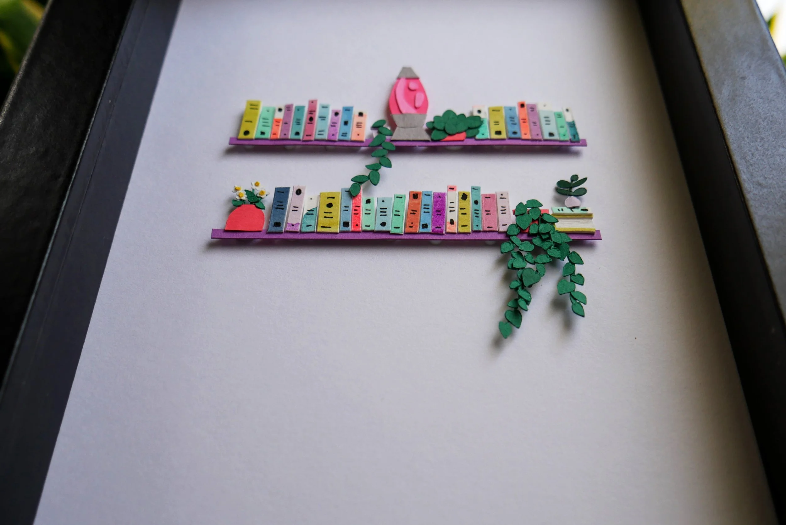 Unique Book Lover Gift Handamade Paper Art Book Shelf with Lava Lamp and Plants