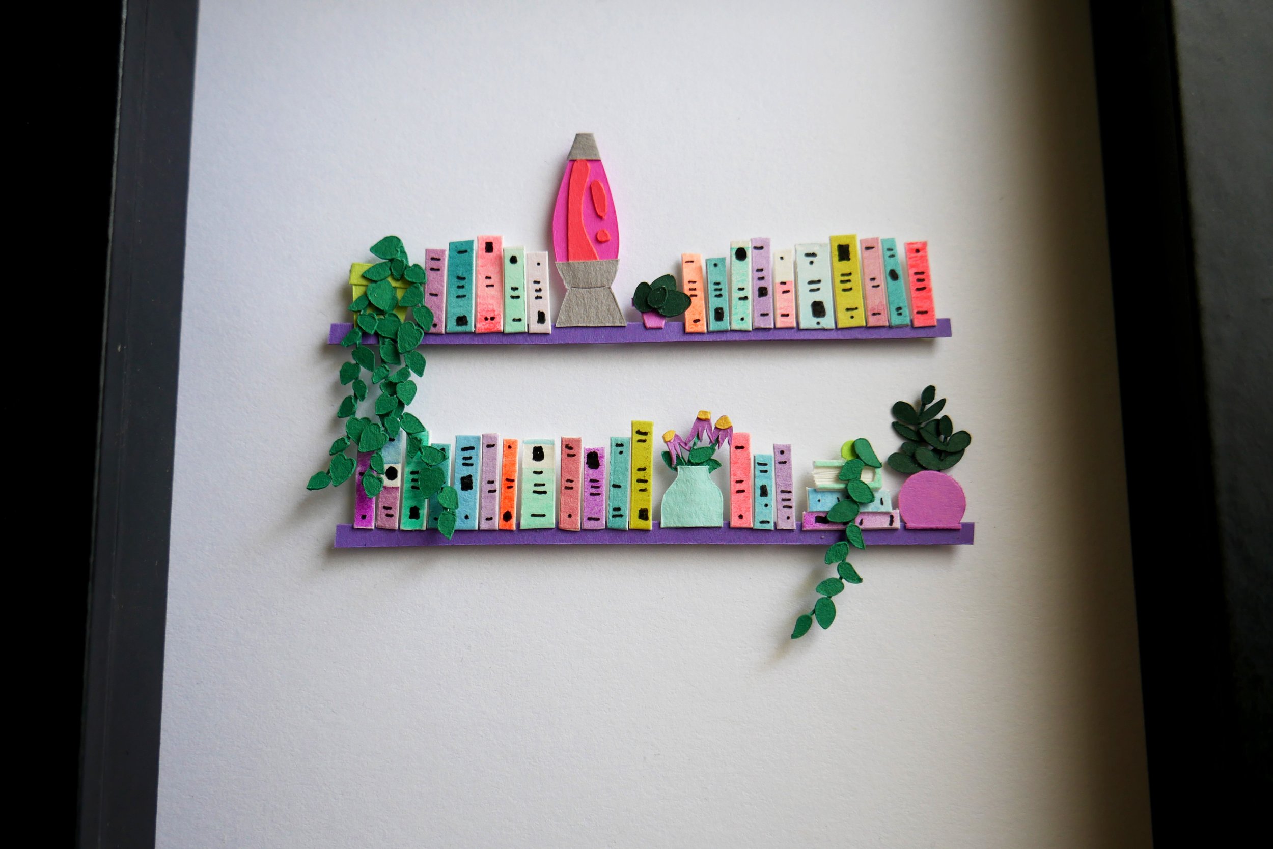 Unique Book Lover Gift Handamade Paper Art Book Shelf with Lava Lamp and Plants