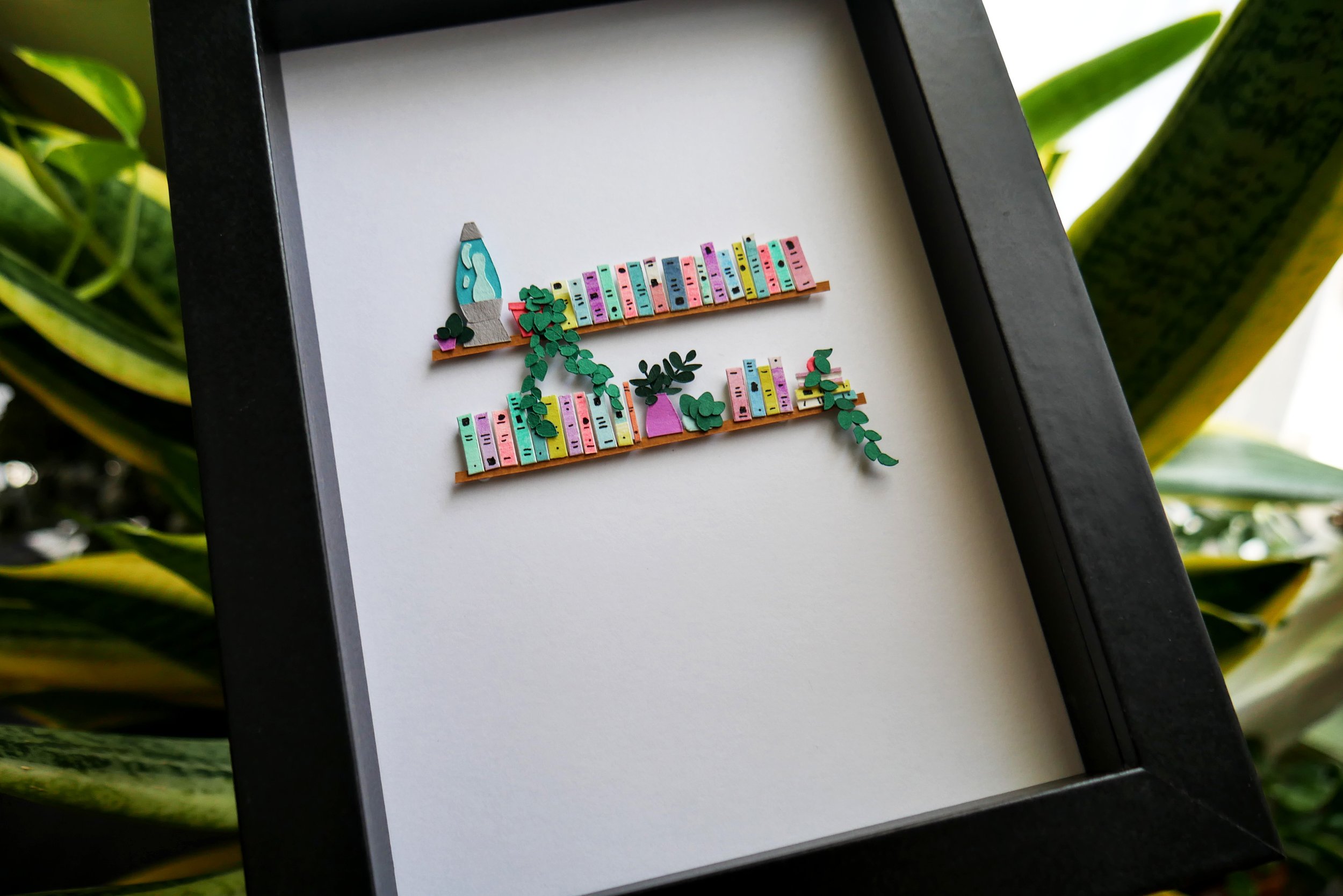 Unique Book Lover Gift Handamade Paper Art Book Shelf with Lava Lamp and Plants