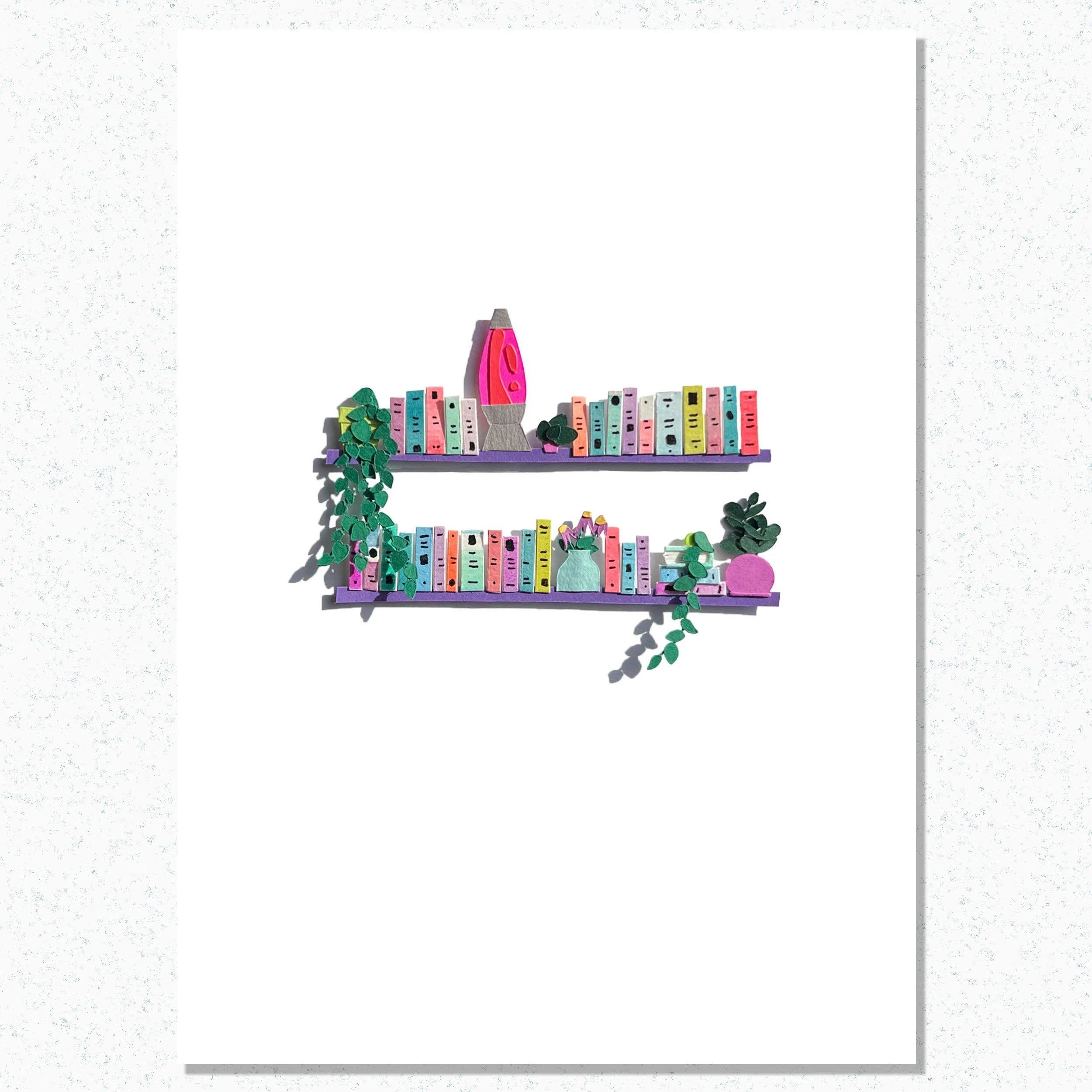 Unique Book Lover Gift Handamade Paper Art Book Shelf with Lava Lamp and Plants