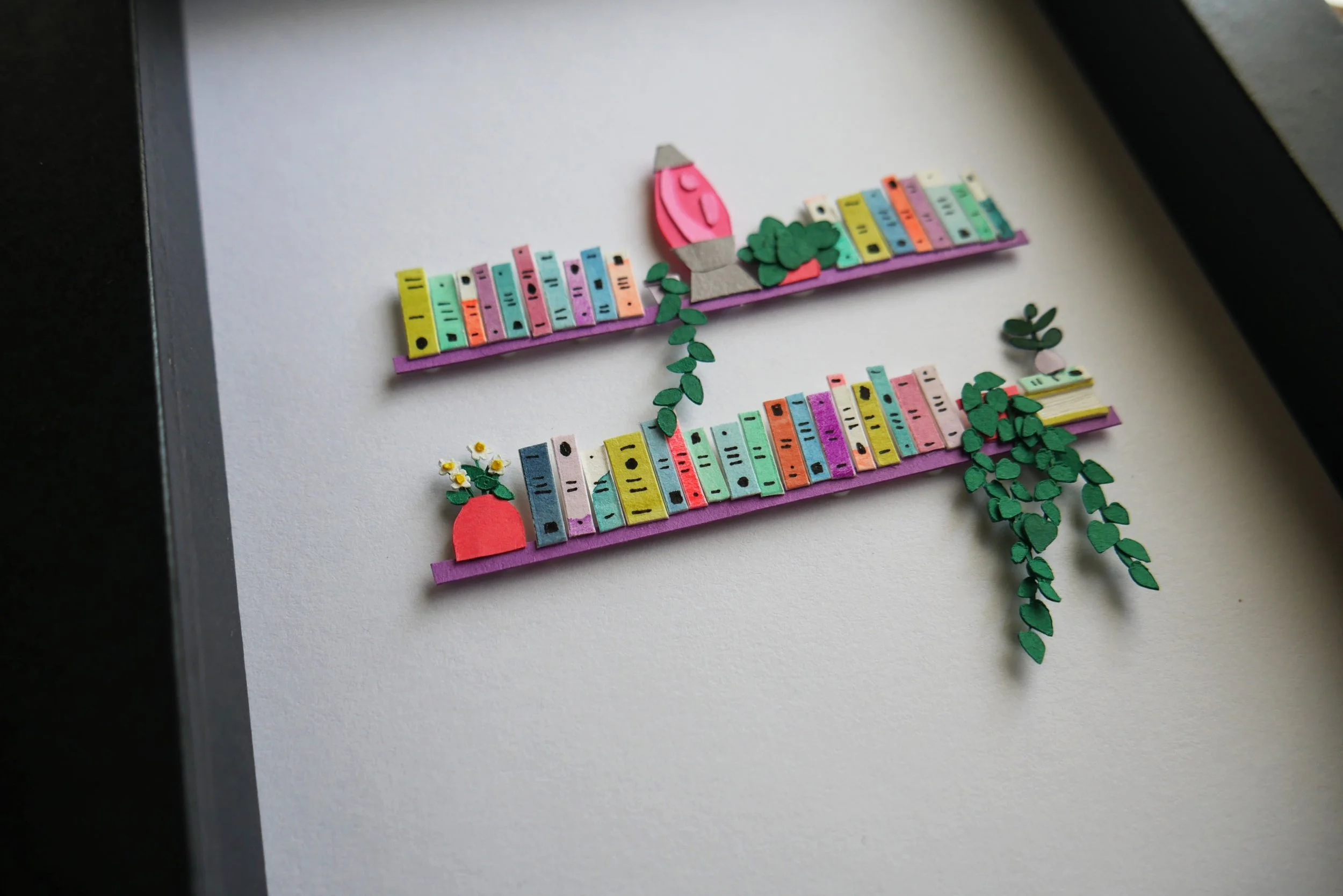 Unique Book Lover Gift Handamade Paper Art Book Shelf with Lava Lamp and Plants