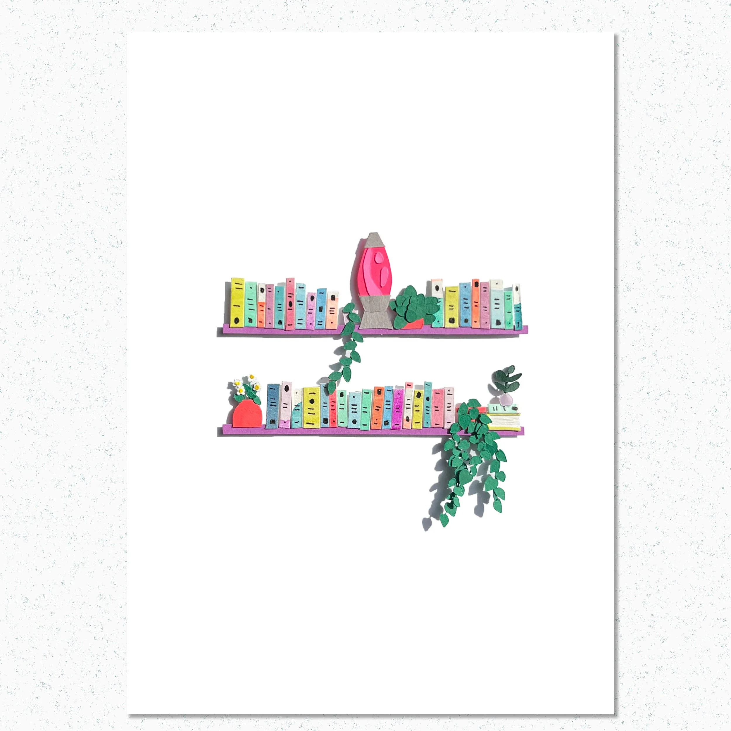 Unique Book Lover Gift Handamade Paper Art Book Shelf with Lava Lamp and Plants