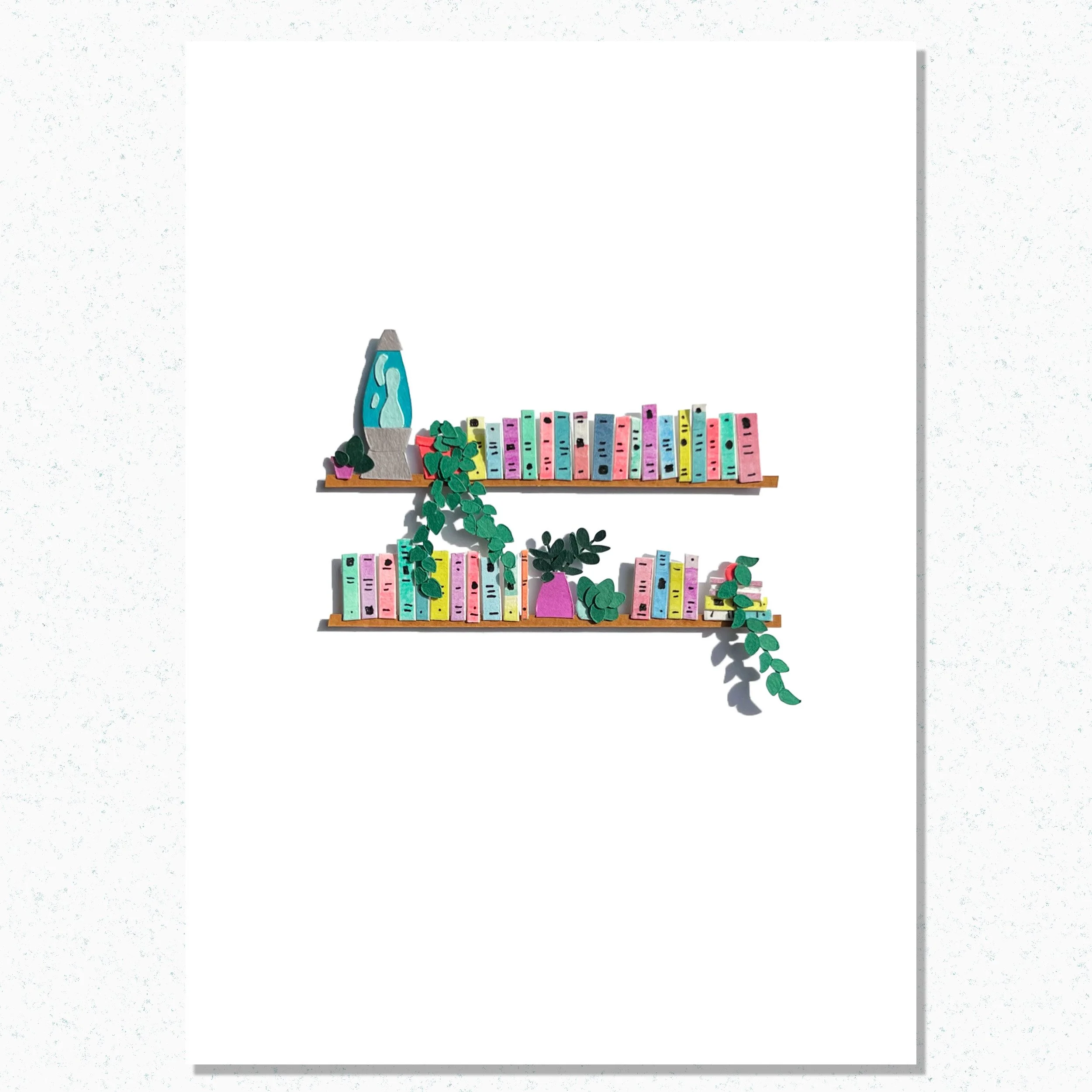 Unique Book Lover Gift Handamade Paper Art Book Shelf with Lava Lamp and Plants
