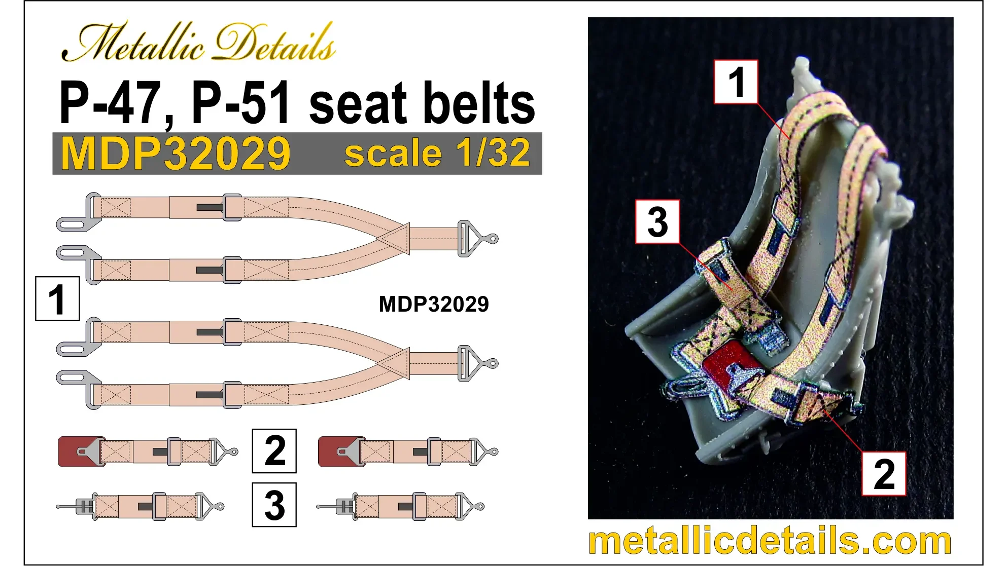 1/32 Metallic Details P-47, P-51 Seat Belts 3D Decals #MDP32029