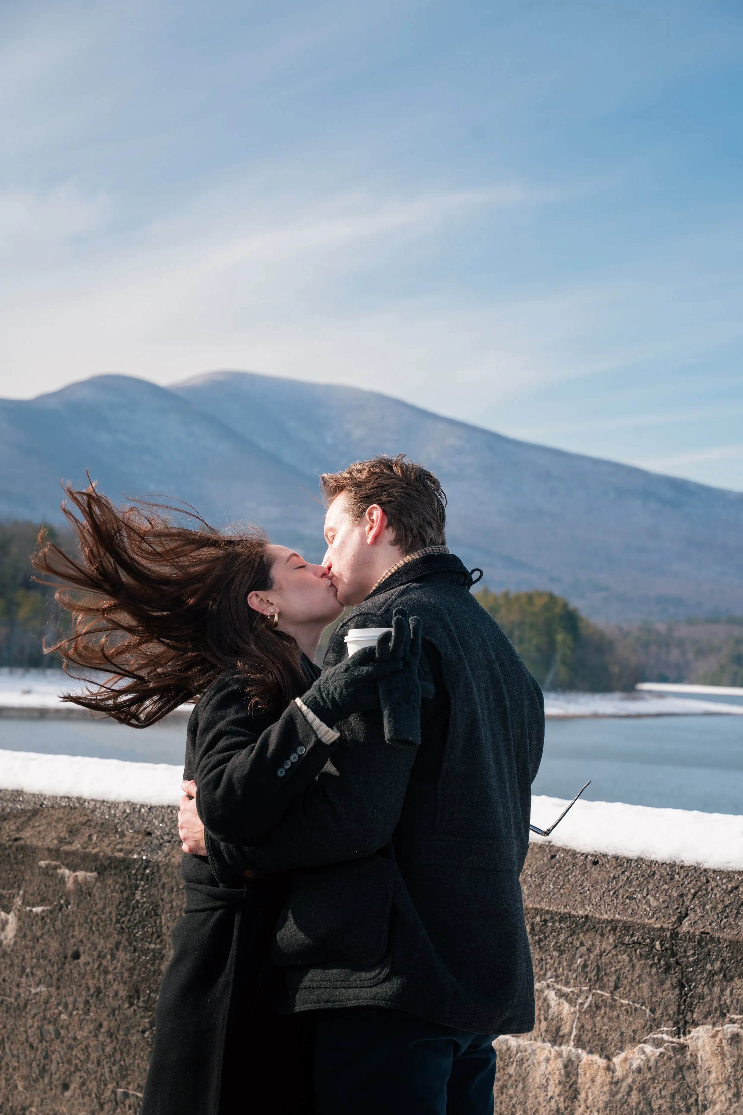 Winter surprise proposal photography at the Ashokan reservoir, Olivebridge, NY. Catskills engagement photographer