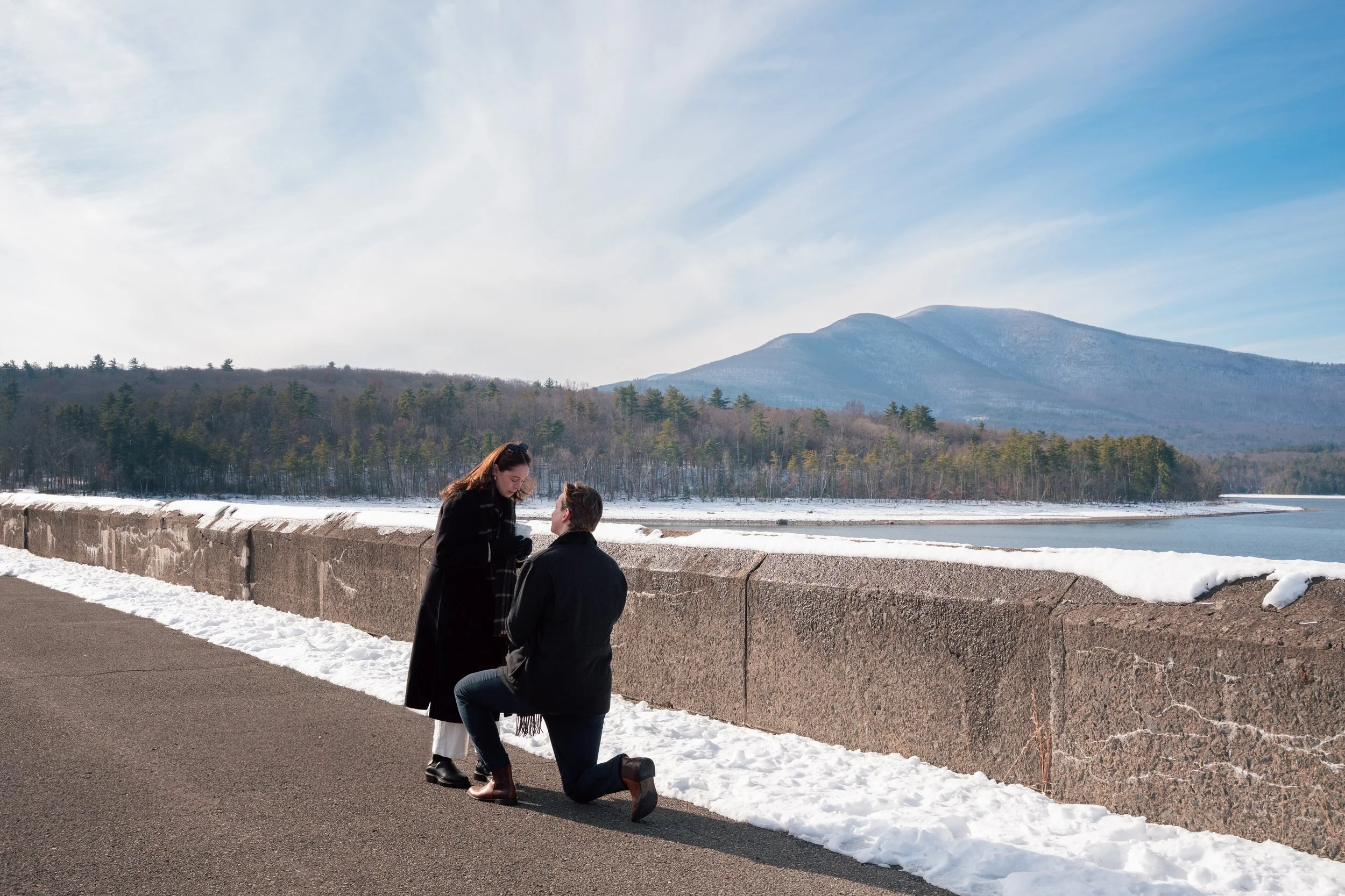 Winter surprise proposal photography at the Ashokan reservoir, Olivebridge, NY. Catskills engagement photographer