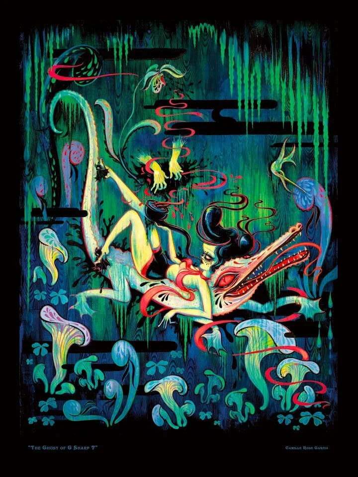 BACK IN STOCK!! A nicely priced poster of one of my favorite paintings! "The Ghost of G Sharp 7", featured in the traveling museum show, "Turn The Page: Hi-Fructose, The First 10 years". Suitable for framing if you're feeling fancy, or try a casual hanging with binder clips for the lo-fi art collector. Open edition.