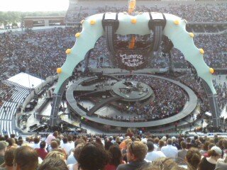 A photo of the main stage at the U2 concert, taken from the bleachers.