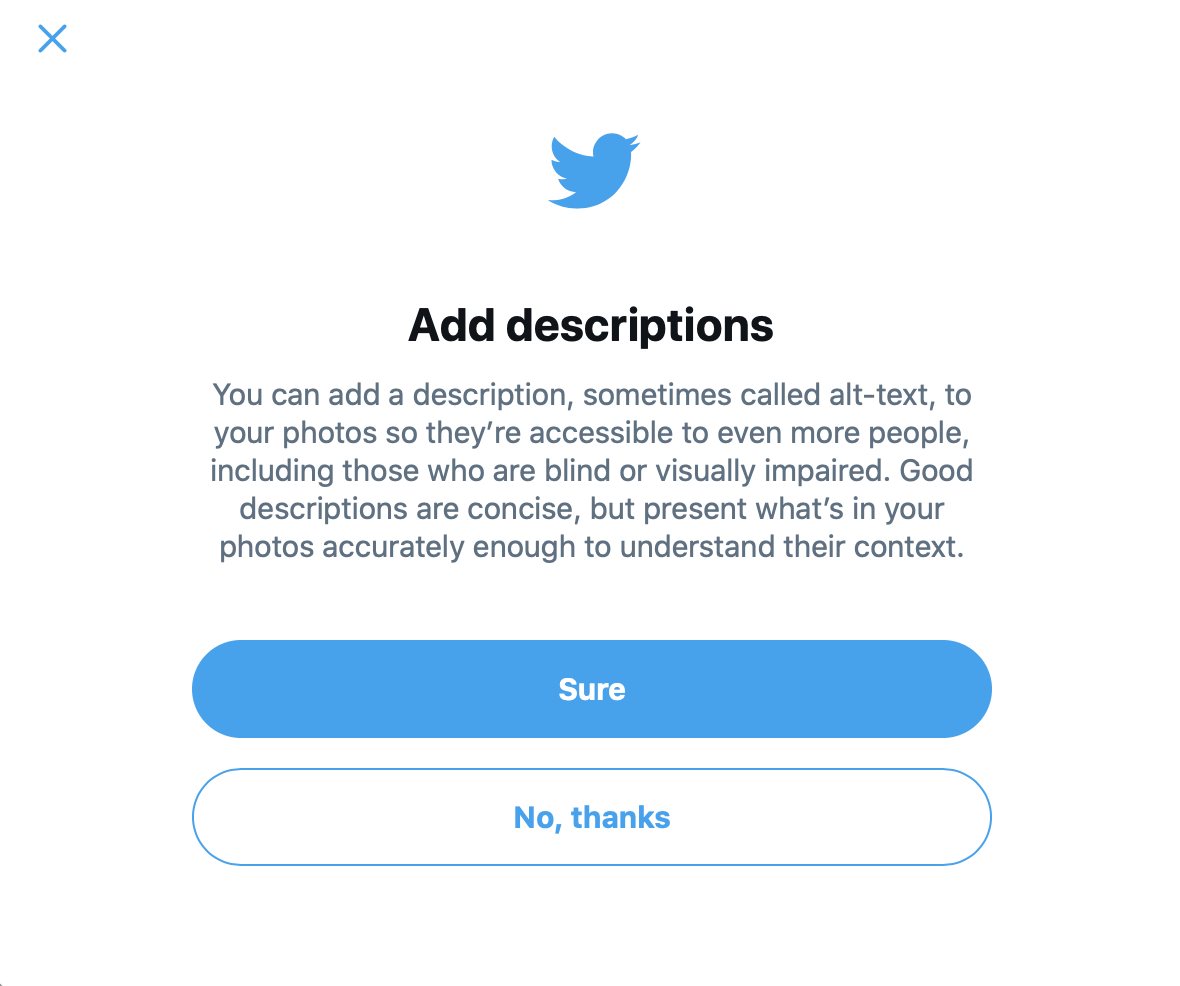 Twitter pop-up box that describes the purpose of alternative text