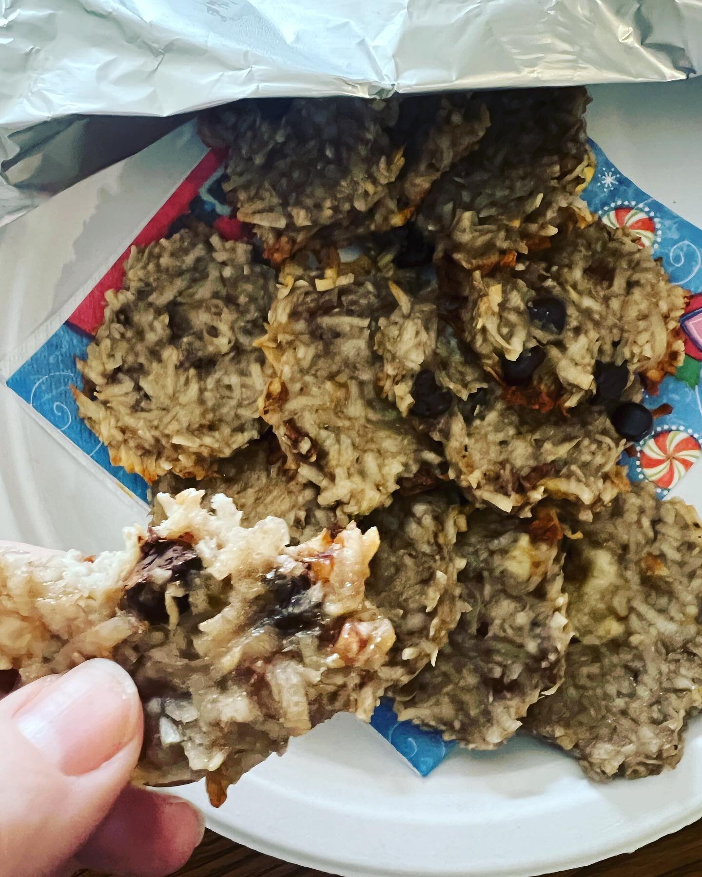 Where have these been my whole life? A great friend dropped them off at my doorstep and I was thrilled for a guilt free treat that tastes naughty! She shared the secret: Just mash a banana with 3/4 cup shredded unsweetened coconut (pulse to blend but