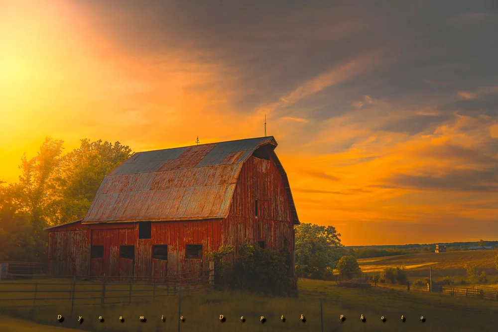 Barns — red barn at sunset