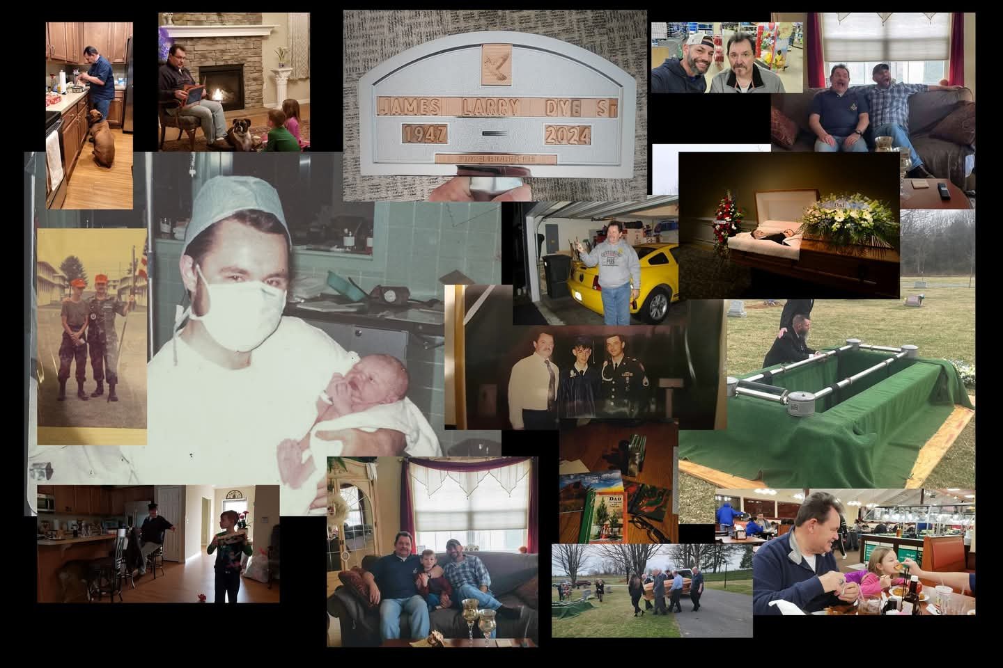 A family collage remembering James L. Dye, Sr., with photographs from his life and funeral