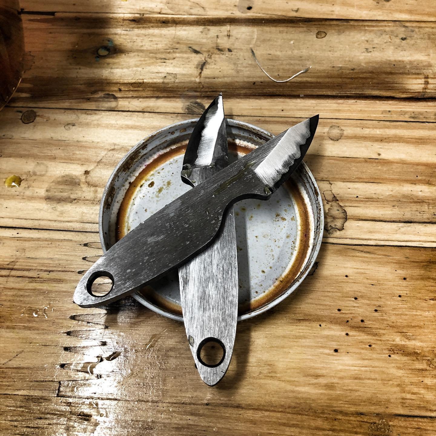 A change is as good as a break. Heat treated these two stainless clad 80CrV2 cored neck knives. 

Never made anything like these before and they started as a forge welding learning experience. 

These will get finished up this week if the last materi